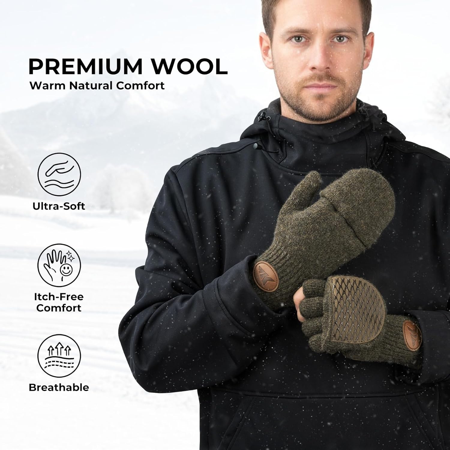 KastKing Bully Wooly Convertible Mittens – Premium Wool Fingerless Fishing Gloves with Magnetic Flip-Top, Fleece Lining, Non-Slip Grip, Extra-Long Cuff, 4-Way Stretch, Cold Weather Winter Gear - Image 3