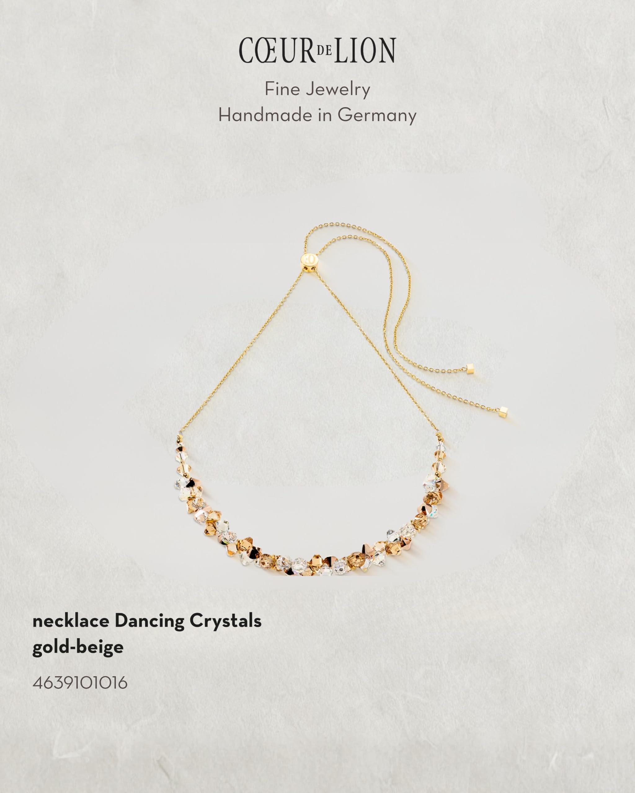 COEUR DE LION Collar de cristales danzantes dorados y beige, cristales europeos en beige y transparente, acero inoxidable dorado I de 11.8-27.6 pulgadas, ajustable, funda de diseño incluida
