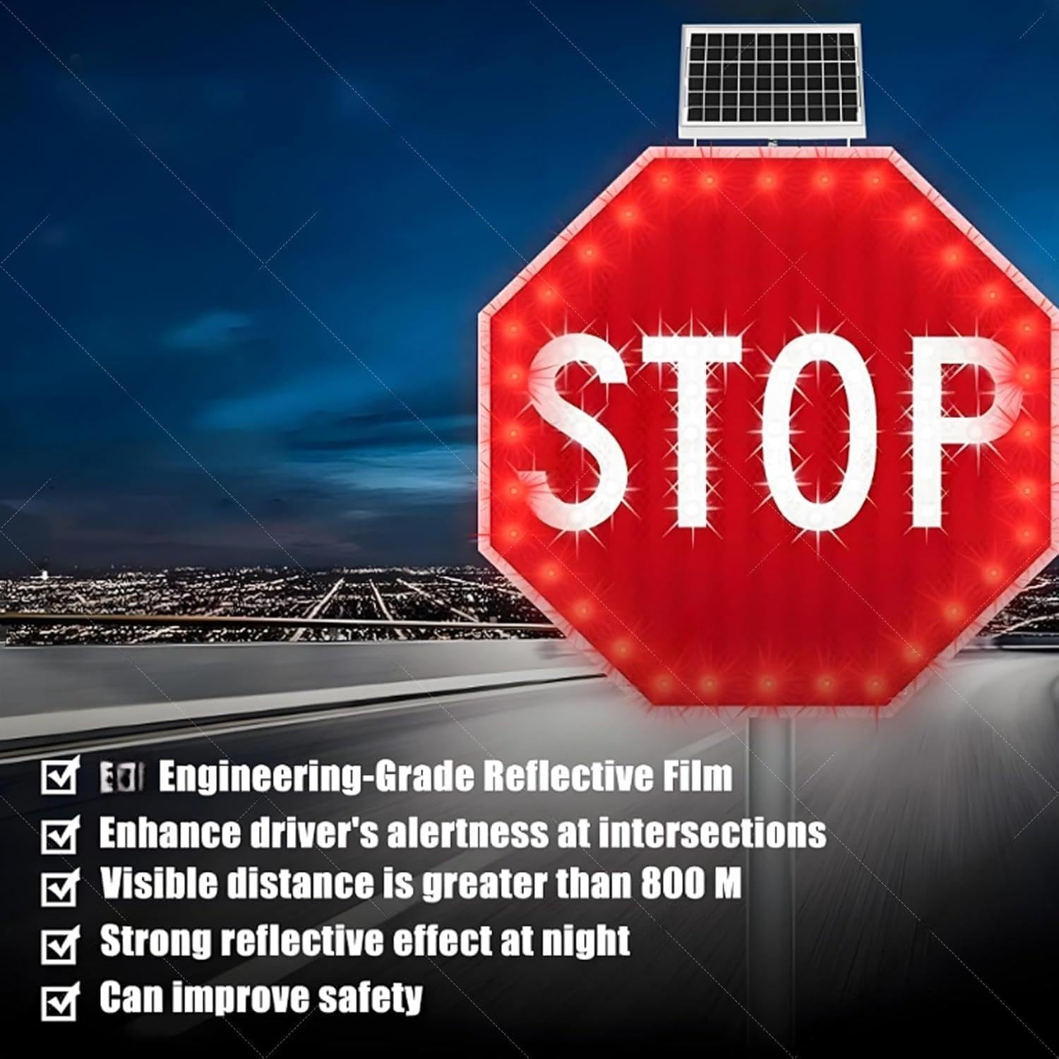 Señal de alto LED con energía solar, señal de tráfico reflectante de 61 cm con luces parpadeantes, señal de advertencia octogonal de aluminio duradero para seguridad vial