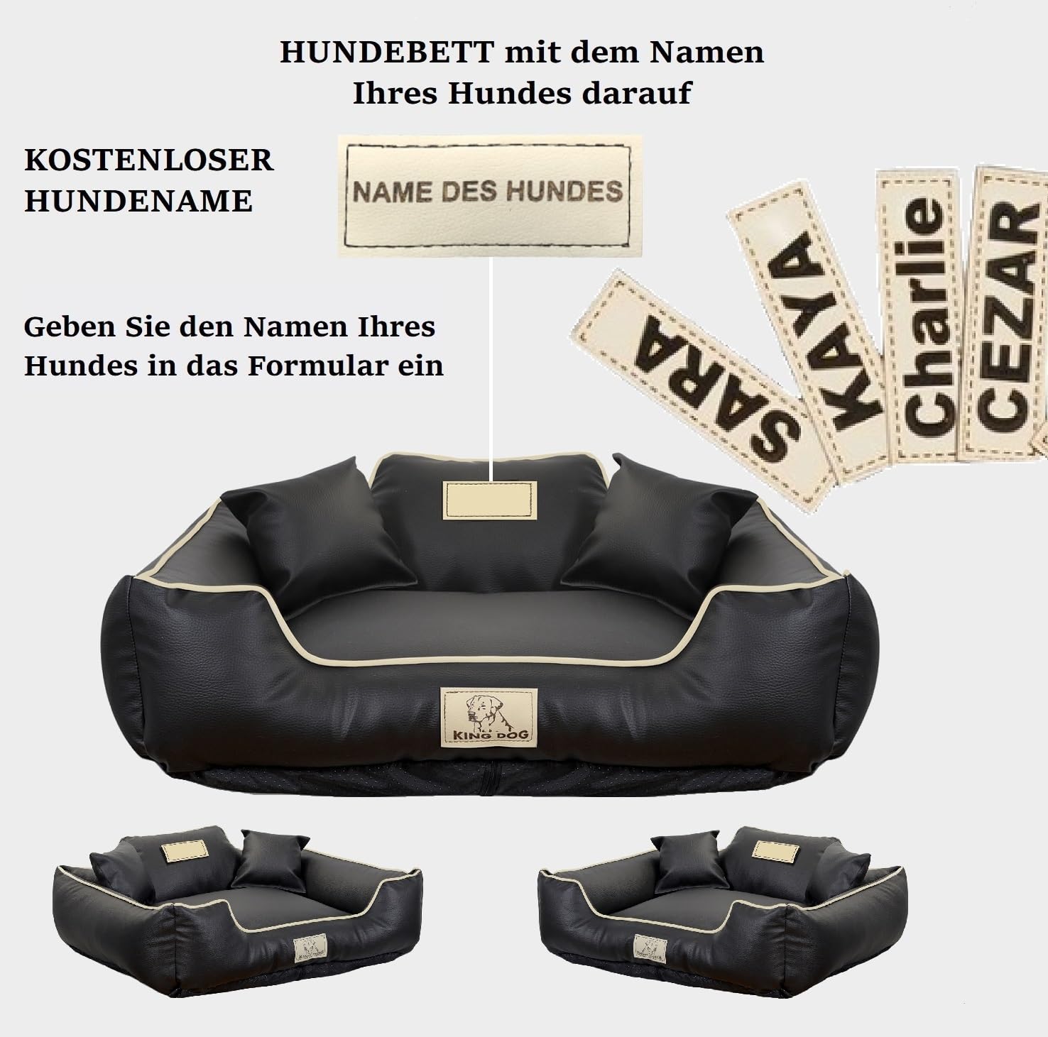 KING DOG Hundebett sehr Grosse Hunde Waschbar XL 115 x 95 cm aus Öko-Leder Hundekissen Haustierbett Hundekorb Personalisiert - Name des Hundes Wasserdichtes Material Silikon Füllung Schwarz