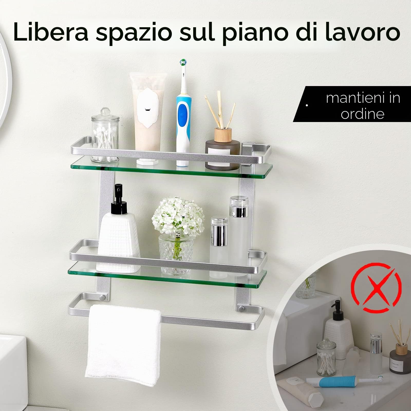 KES Mensola Bagno Vetro con Portasciugamani, Mensola Vetro Temperato 8MM di Spessore, 2-Livelli Mensola con Porta Asciugamani da Parete Alluminio Argento, A4127B