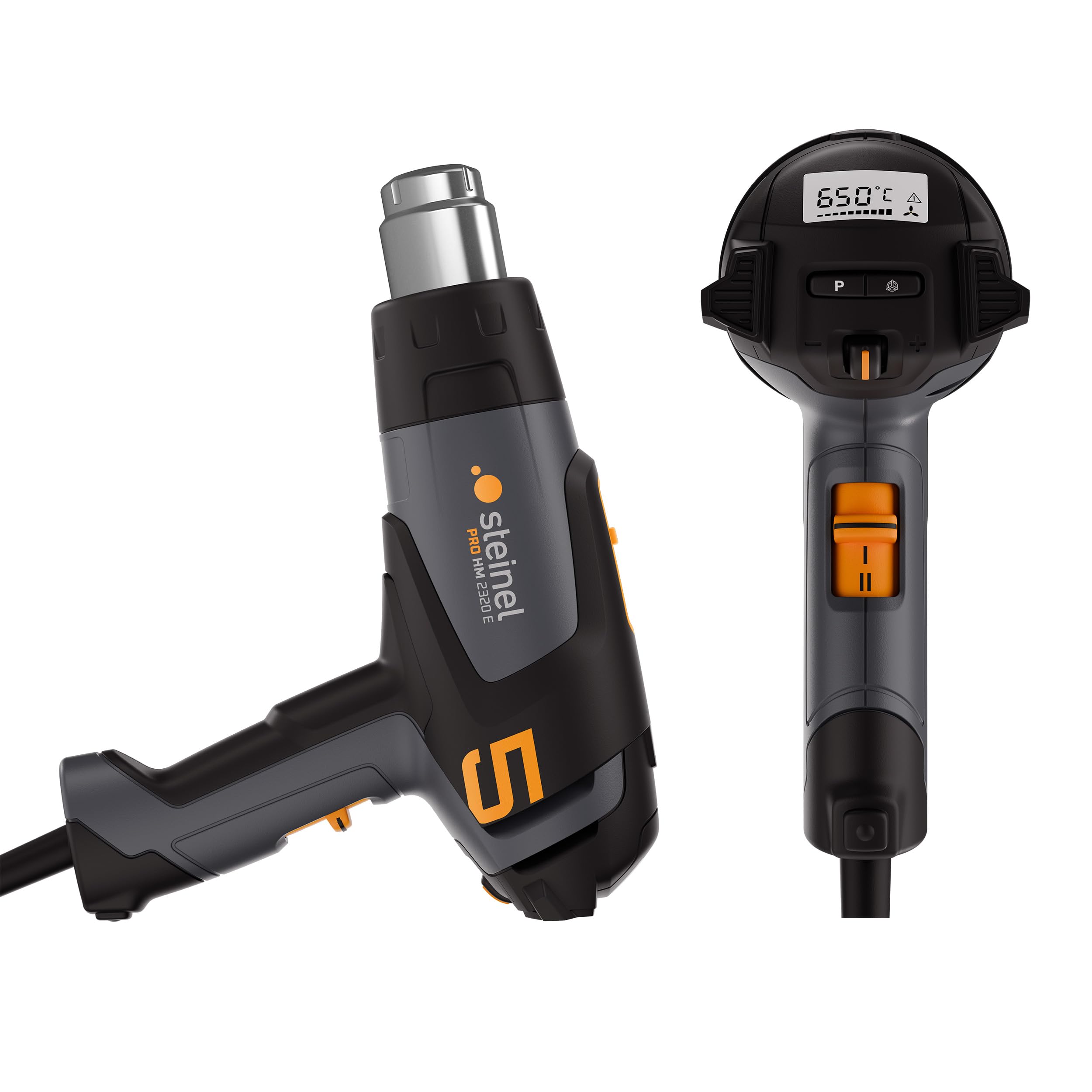 Steinel Heißluftpistole HM 2320 E Set, inkl. Düsen und Schrumpfschläuche, 2300 W Profi-Heißluftfön, 80°-650°C, LCD Display, Keramikheizung