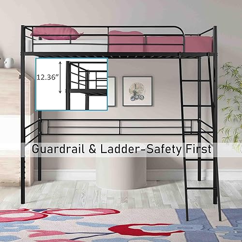 Miniatura 5 de Base de cama de metal tipo loft con escalera y barandilla de seguridad, marco de cama moderno de plataforma individual con espacio debajo de la cama