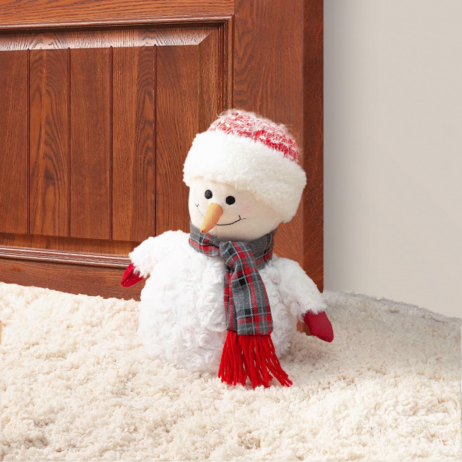 Marwood Simpatico fermaporta decorativo per casa e ufficio, natalizio in tessuto imbottito, fermaporta interno ponderato decorativo per pavimento, pupazzo di neve con cappello rosso