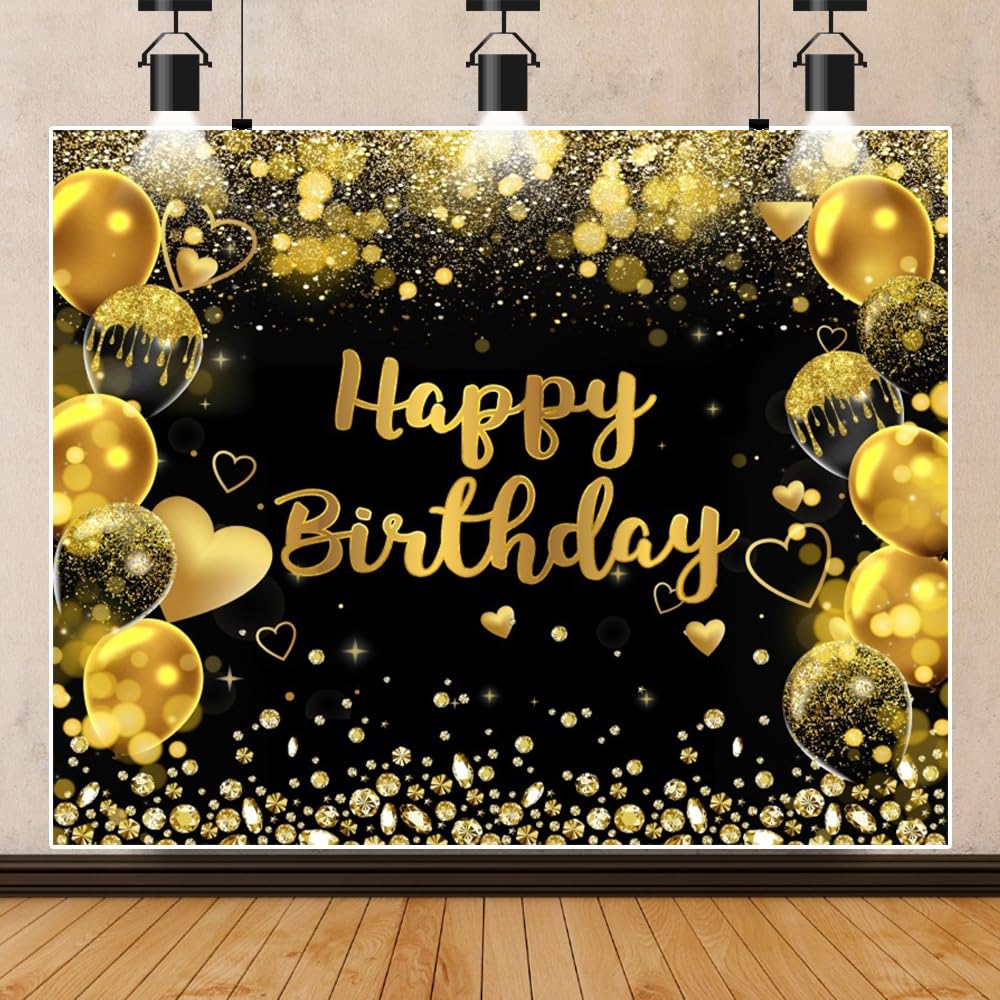 Telón de fondo negro y dorado para fotografía de fiesta, fondo de fotos de cumpleaños con purpurina dorada, telón de fondo bokeh de globo dorado de 10 x 8 pies, para niños, hombres, mujeres