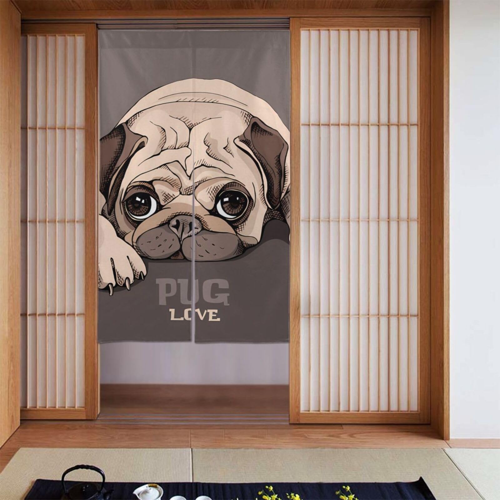 Amazon｜Chioee 暖簾 遮光 のれん パグ犬横たわるパグ犬 いぬ かわいい