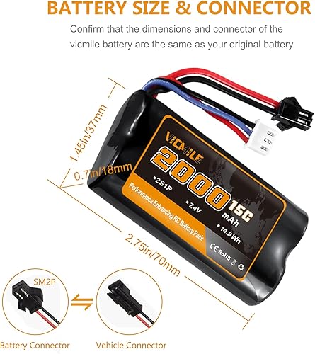 Miniatura 2 de VICMILE Batería de iones de litio de 74 V 2000 mAh 2S con enchufe SM 2P batería recargable de alta capacidad con 1 cargador USB para coche RC RC