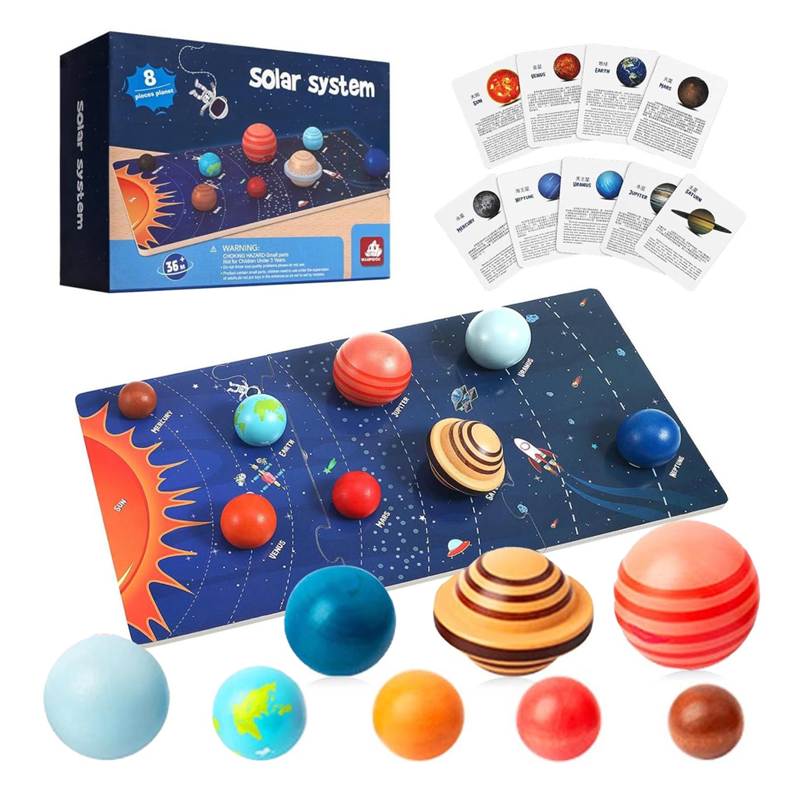 Solar System Toys Age 3+ for Kids 4-8, Wooden Planet Puzzle Board with 3D Models, Space Flash Cards, STEM Preschool Learning Kit, Birthday for Toddlers & Kindergarten
