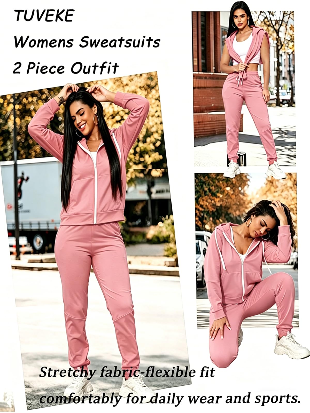 TUVEKE Chándal de 2 piezas para mujer, sudadera con capucha y cremallera para otoño, manga larga, casual, tallas S a 2XL