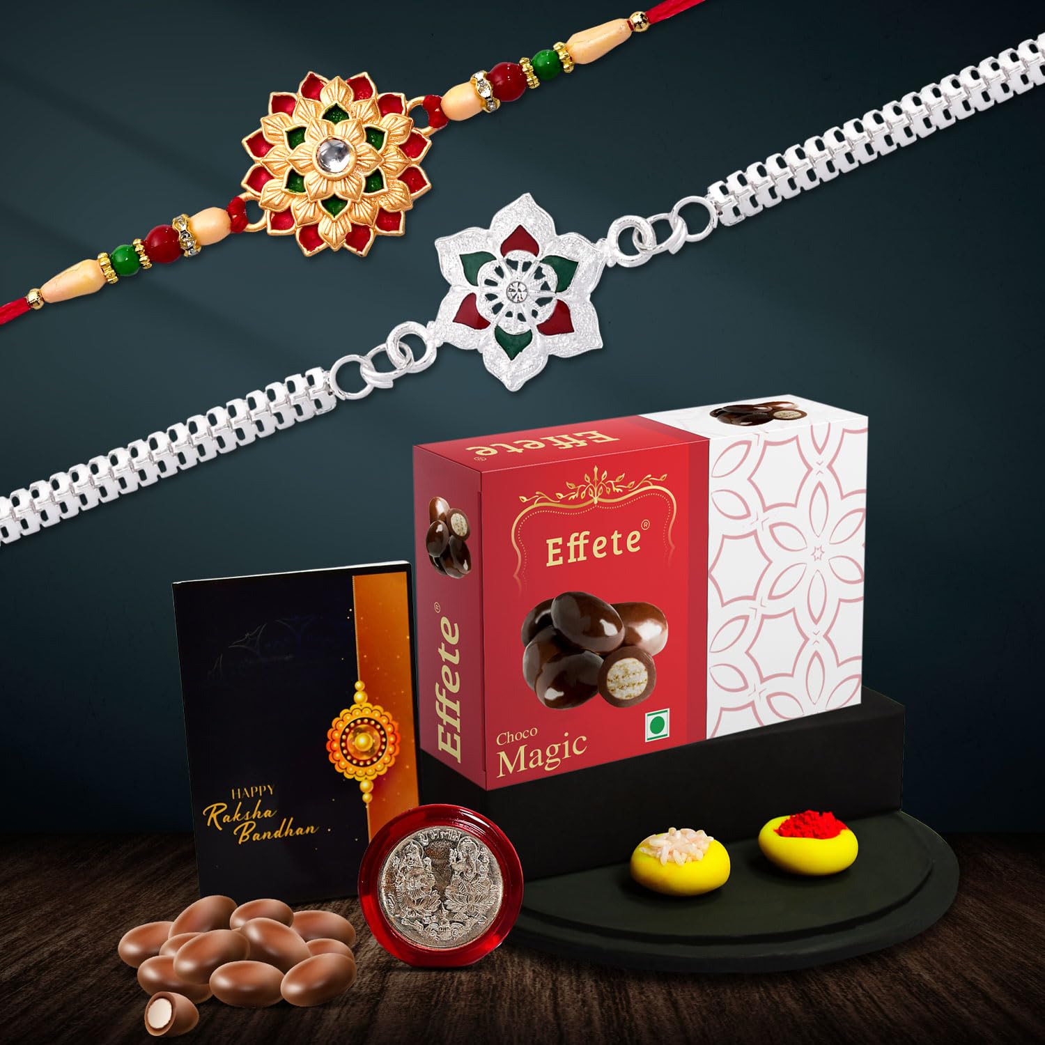 DeoDap Chocolate with Rakhi Set for Brother – Silver and Golden Flower Design Rakhi Set of 2 with Choco Magic(32g) Gift, Silver Color Coin & Greeting Card – Raksha Bandhan Combo for Bhai