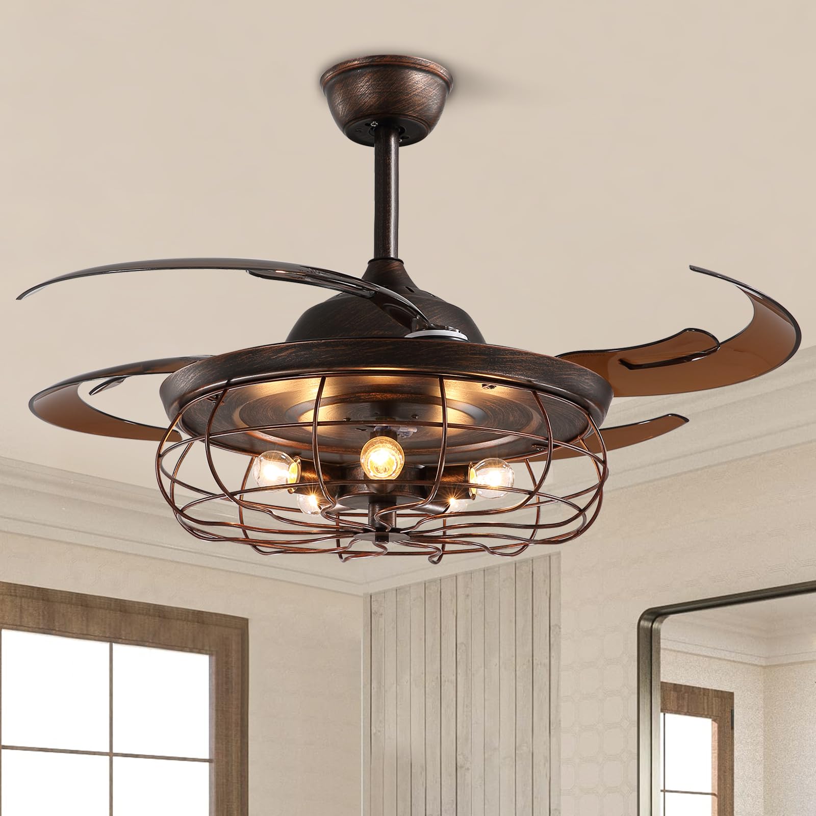 Siljoy 48-inch retractable ceiling fan with light, blades retracted