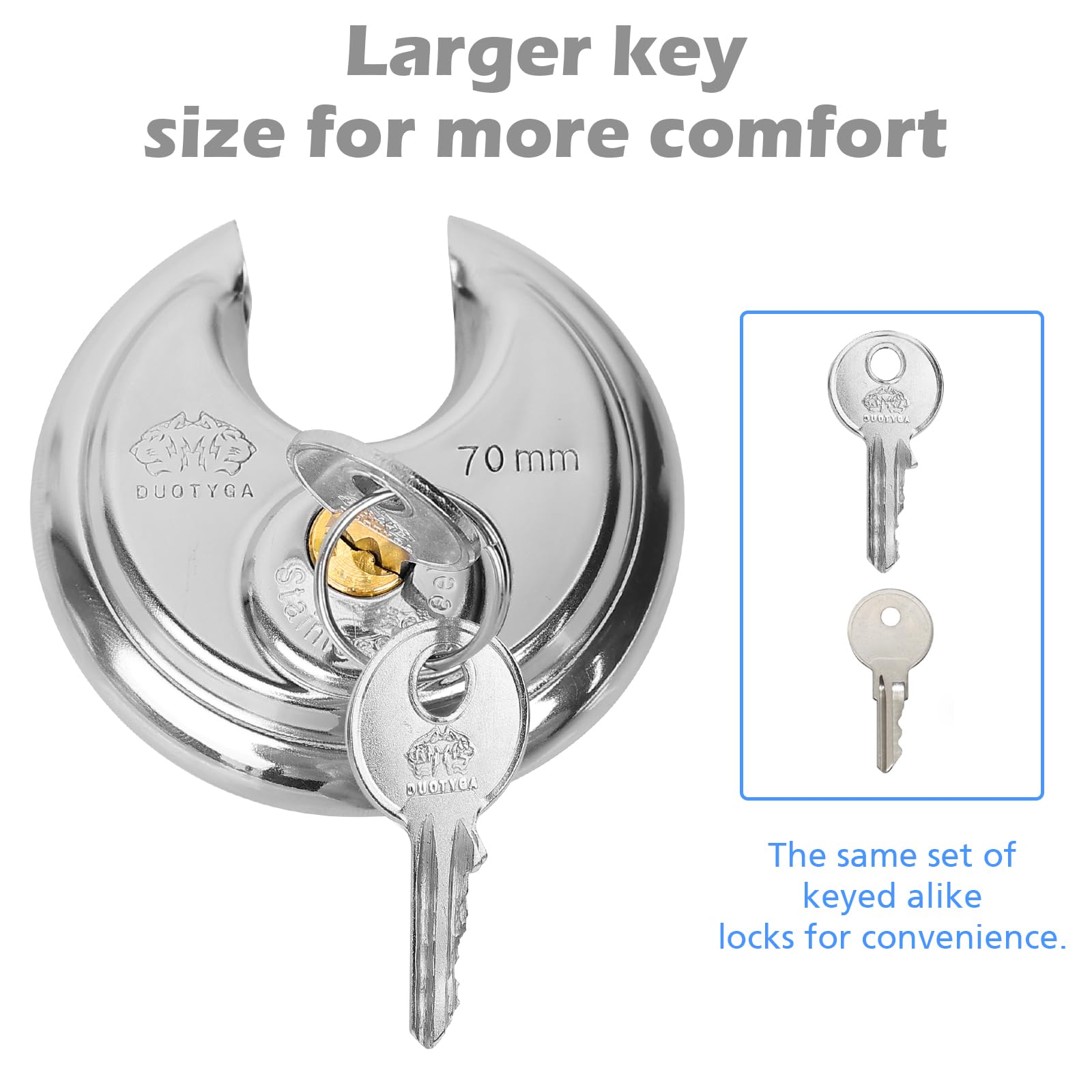 Candado de disco con llave igual, 2-3/4 pulgadas de ancho, cerradura de disco de acero inoxidable resistente para exteriores con llave para unidad de almacenamiento, garajes, vallas y