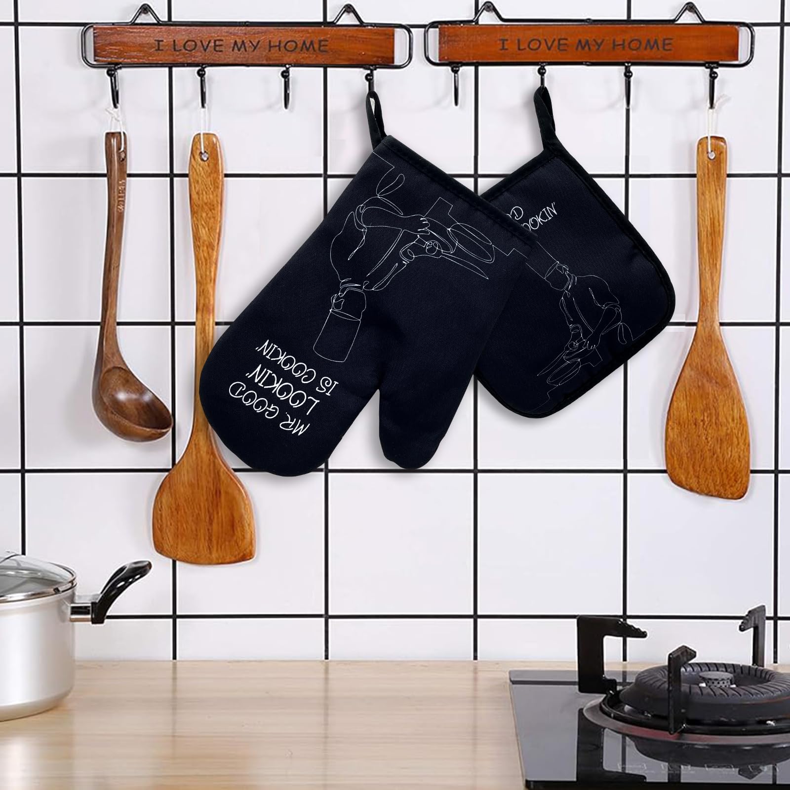 Ofenhandschuhe & Topflappen Set – Witziges Retro-Design, Hitzebeständig Bis 200°C, Wasserdicht