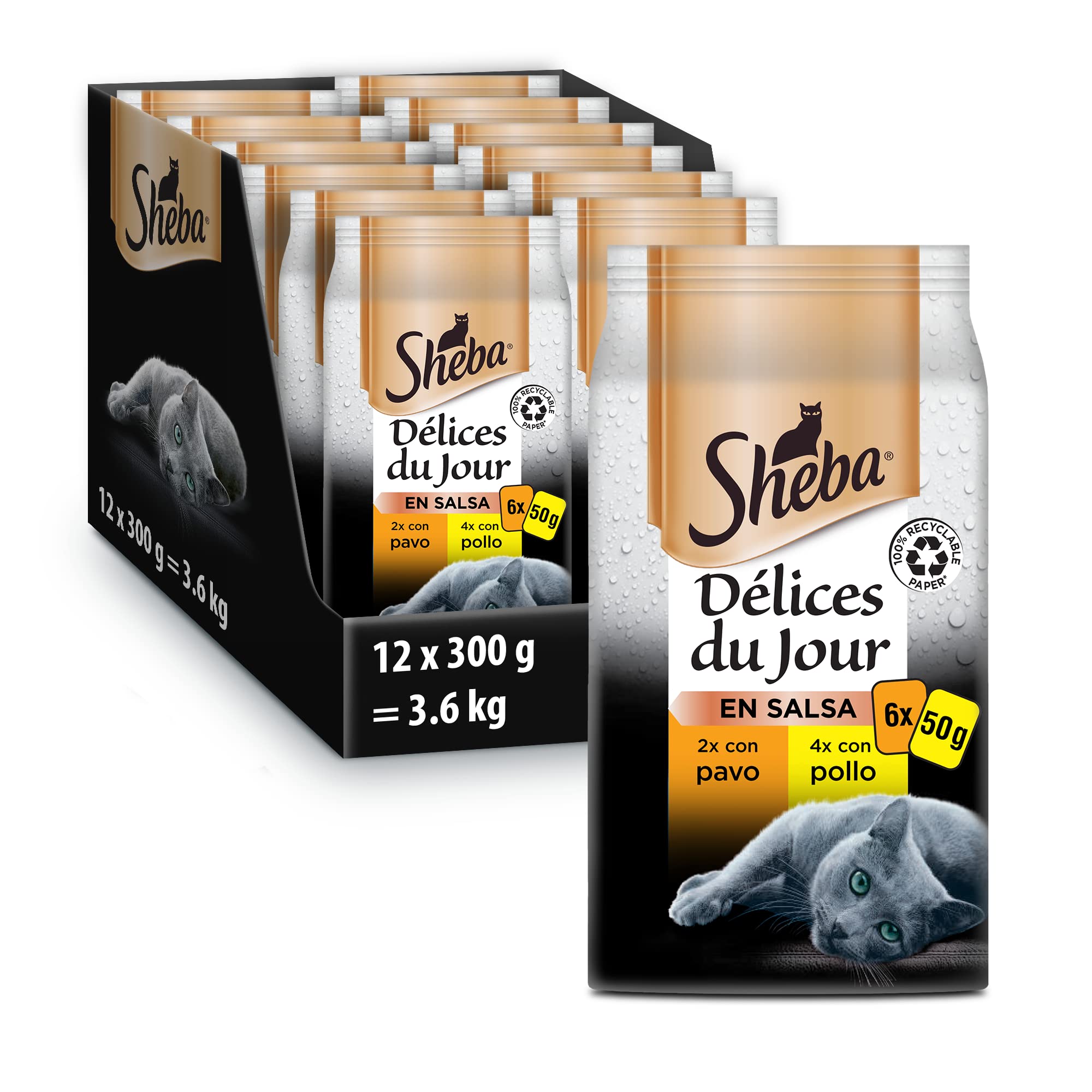 Sheba Délices du Jour Comida húmeda para Gatos, Sabor Ave, Multipack (Pack de 12 x 6 bolsitas x 50g)
