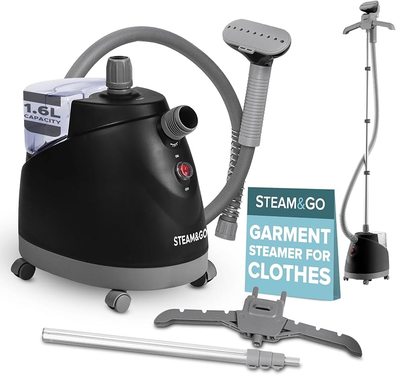 Steam & Go - The Rival Handheld Steamer - Upright Fabric Steamer for Clothes, Garments, Curtains, Bedding & Upholstery - Quick-Heating Foldable Steam Iron with Adjustable Pole Hanger & Detachable Tank | Quick-Heating, Foldable & Adjustable with a Detachable Tank; Great for Clothes, Curtains, Bedding & Upholstery