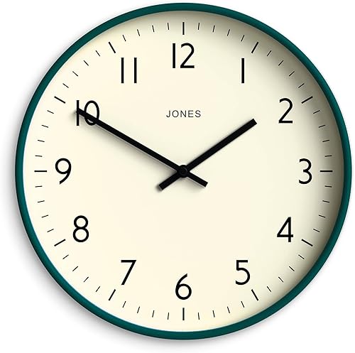 JONES CLOCKS Reloj de pared de estudio Reloj redondo moderno 12 pulgadas Verde oscuro Números fáciles de leer Diseño versátil para cocina, sala