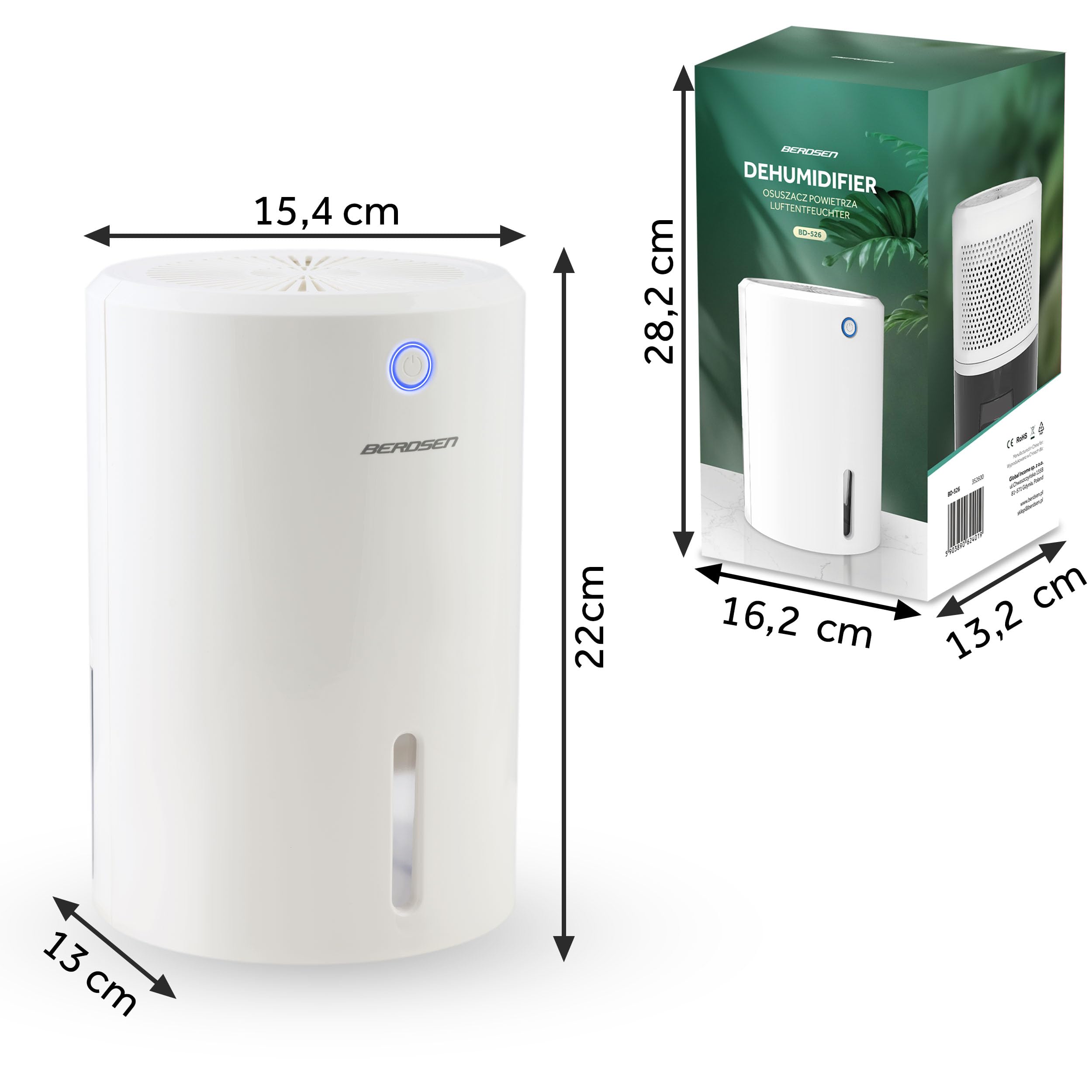 Berdsen Déshumidificateur électrique silencieux jusqu'à 34 dB Réservoir d'eau 800 ml Économie d'énergie BD-526 Blanc