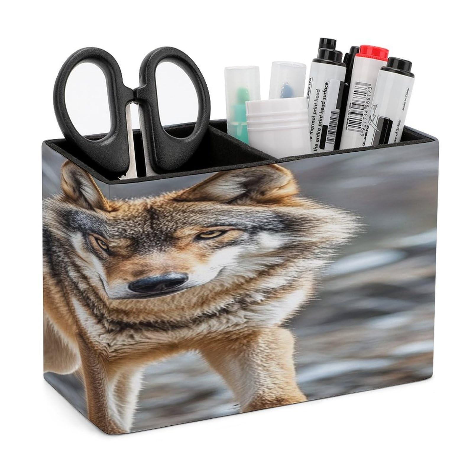 LZQPOEAS Wolf Leather Pen Holder with 2 Compartments Luxury Pencil Holder Minimalist Pencil Cup Brush Scissor Holders Elegant Pen Cup for Office Home Desk Accessories