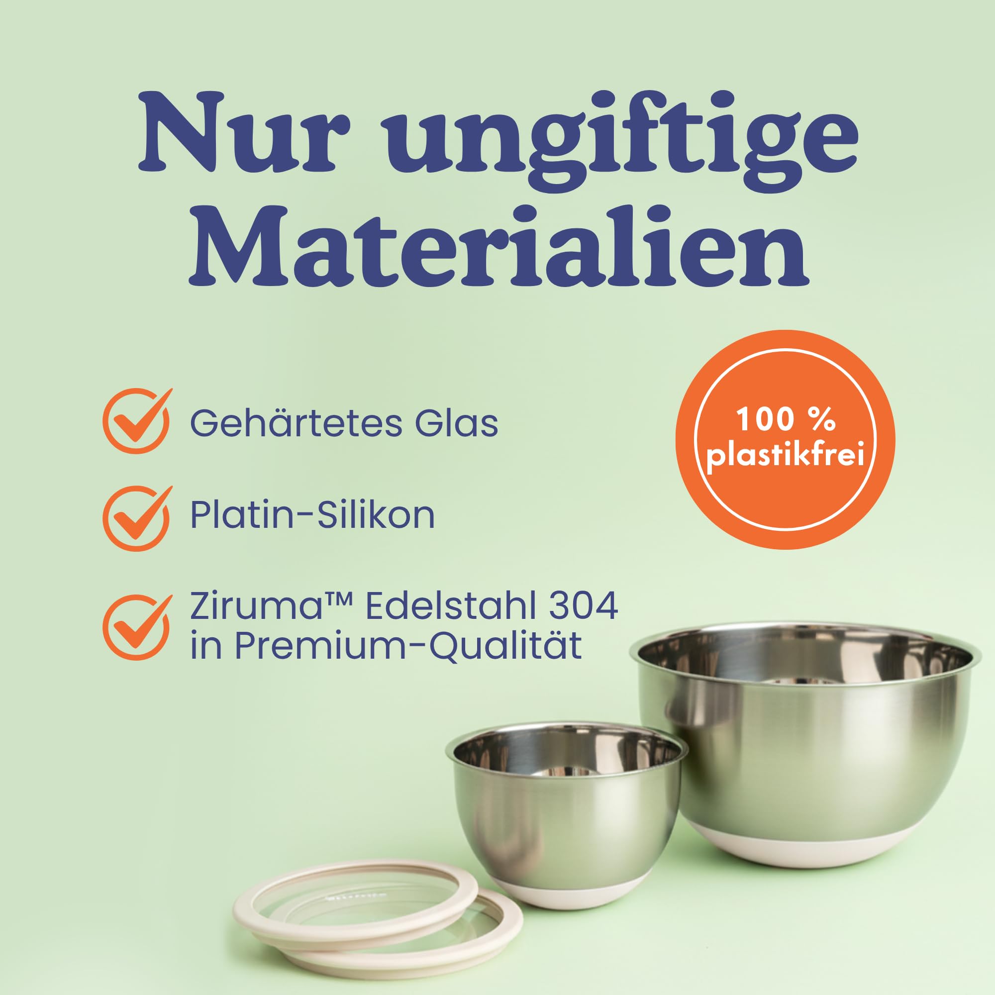 Ziruma Rührschüsseln-Set mit Deckeln, 5-teilig, Edelstahl & Glas, BPA-frei, spülmaschinenfest, rutschfester Silikonboden, mit Messskala, stapelbar – 0,95/1,9/2,4/3,3/4,3 Liter