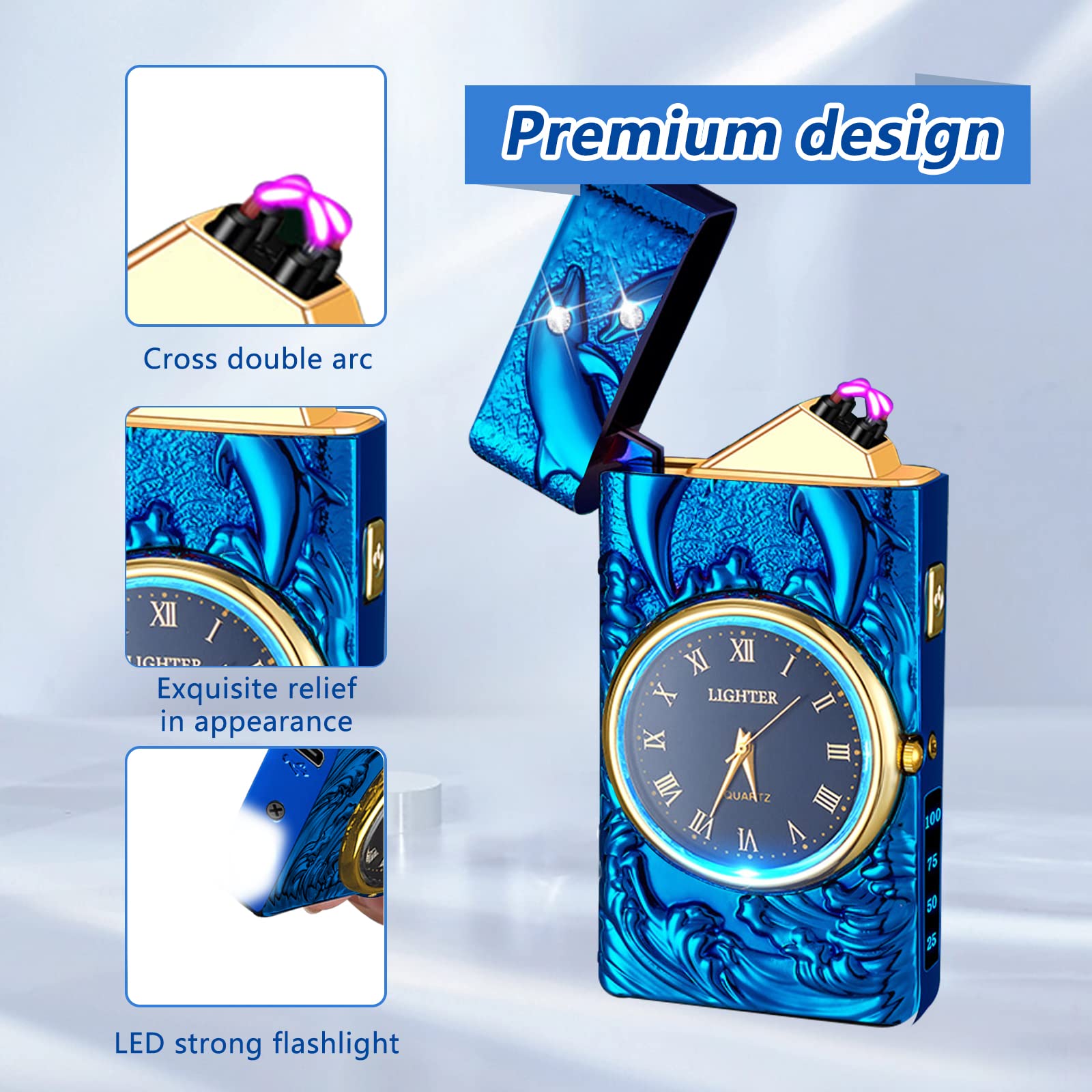 TIKIUKI Cool lighters Windproof Lighter arc Lighter Electric lighters Rechargeable Flameless Plasma Lighter with Battery Indicator, lighters for Men (Blue)