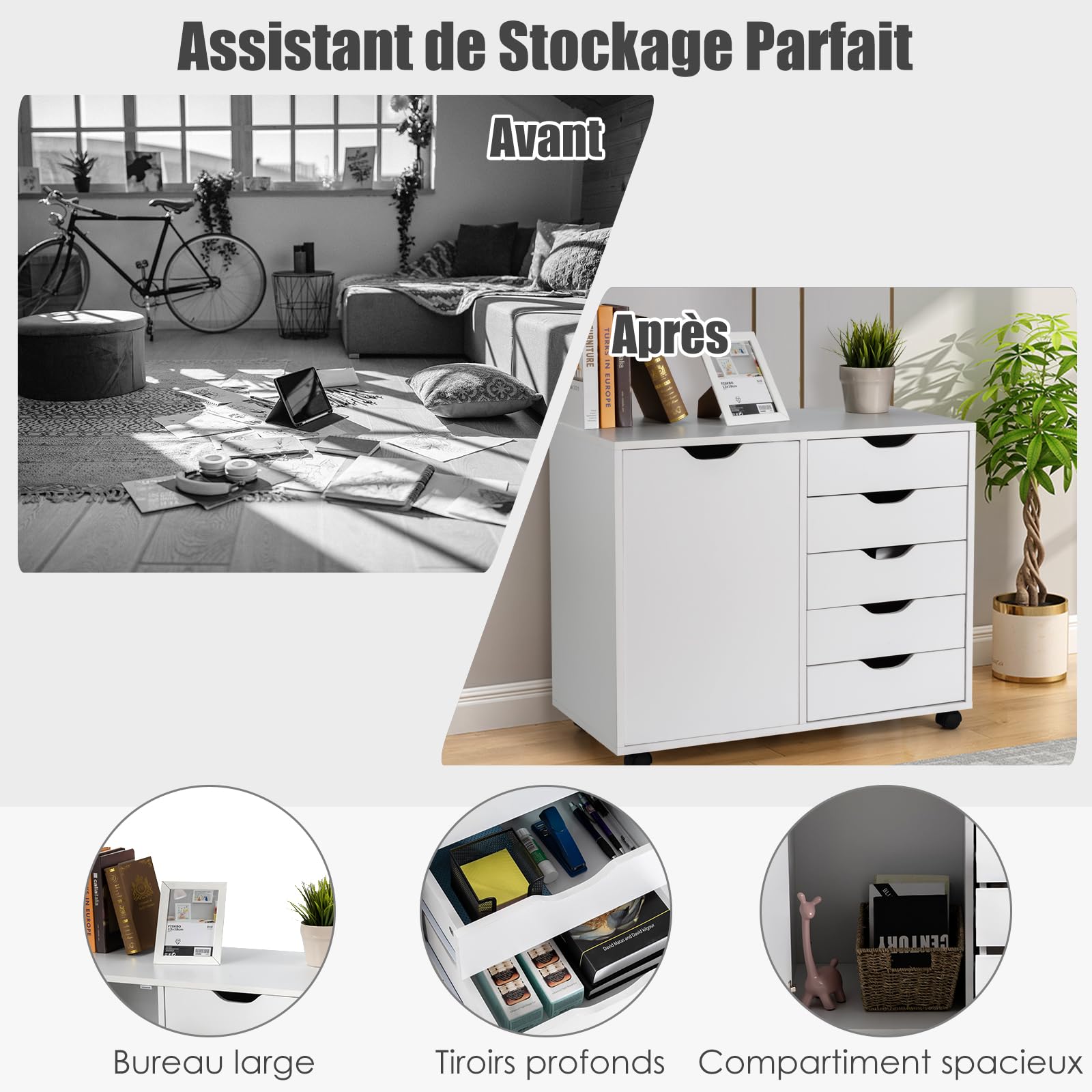 GOPLUS Cajonera con Rueda y 5 Cajones, Cajonera Escritorio de Madera, Armario Archivador Móvil de Oficina, Organizador de Archivos con Freno, Gran Capacidad, para Oficina, 78x39x65cm (Blanco)