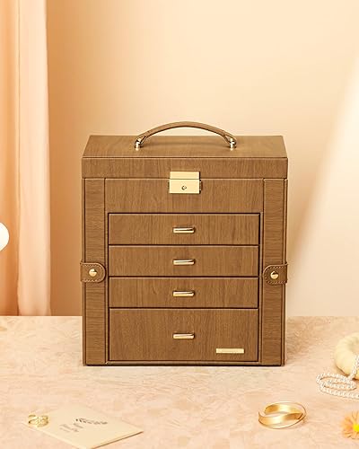 Miniatura 18 de Homde Regalos de Navidad de cuero sintético, enorme joyero, organizador de reloj con espejo, collar, anillo y aretes, estuche de regalo con Dorado