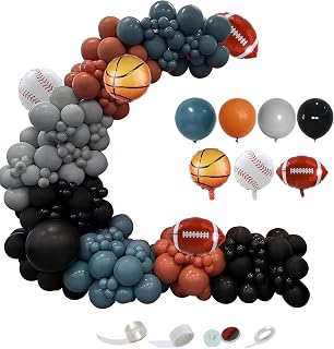 175 Pcs Balloon Arch Garland Kit,Slate Blue Retro Burnt Orange Balloons with Baseball Rugby Basketball Foil Balloons for Birthday Party,Games,Celebration,Wedding,Engament,Baby Shower