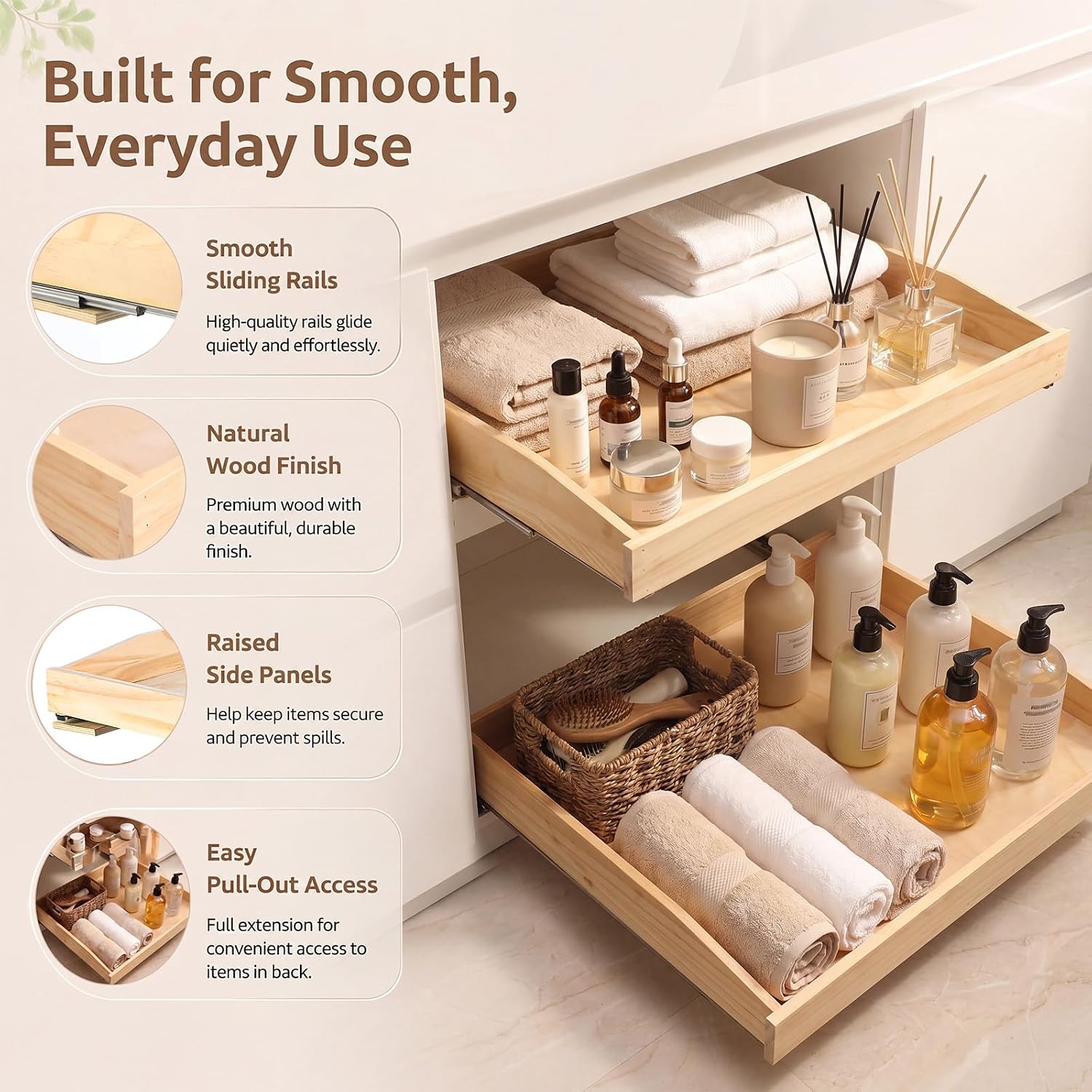 Sintuff 2 Sets Pull out Cabinet Drawers, 25.5" W x 21.3" D x 3.9" h Pull out Cabinet Organizer with Easy Installation, Space-saving Wooden Storage Drawers for Kitchen, Office, and Home Organization
