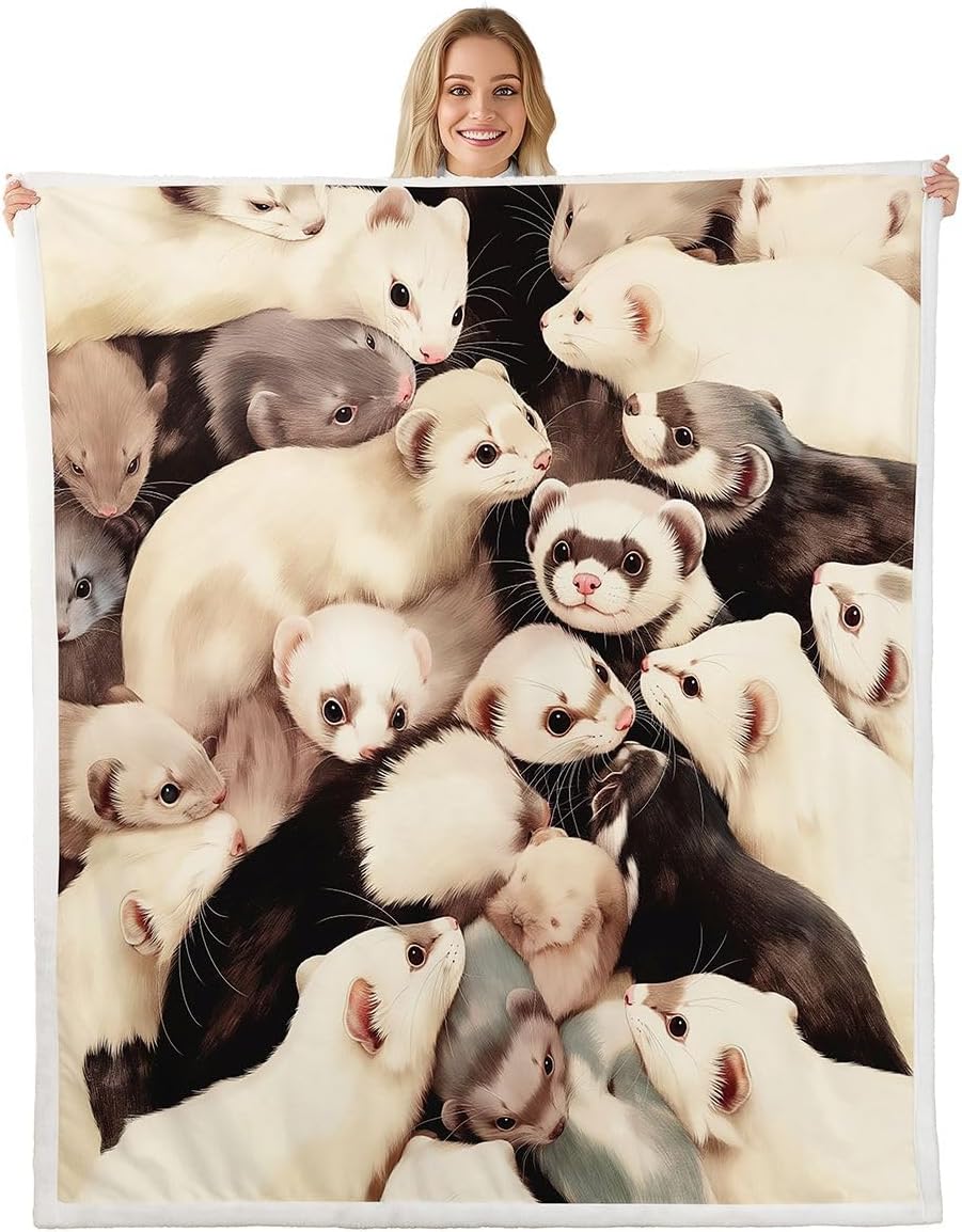 Erosebridal Ferret Fleece Blanket Twin 60"x80" Minks Warm Plush Sherpa Blanket Weasel Cartoon Hand Drawn Cute Pet Fuzzy Plush Throw Kawaii Animal White Ferret Room Decor