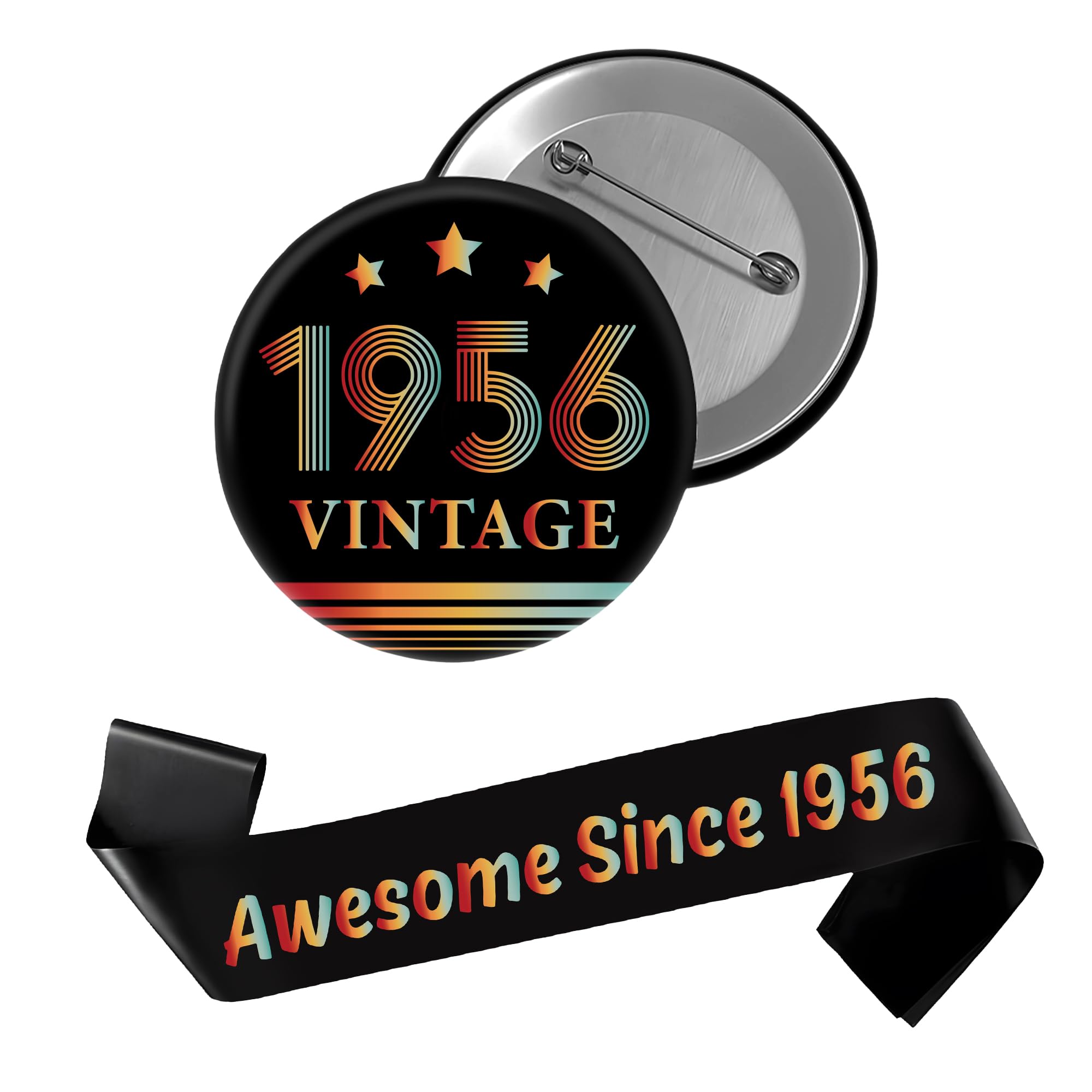 70th Birthday Decoration Sash Badge - 2 Pc Black Gold Vintage Awsome Since 1956 Sash Badge Novelty Gift for Women Men Happy Him Her 70 Years Old Milestone Bday Accessories Party Decor