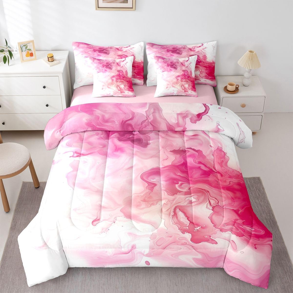 jejeloiu Pink Marble Comforter Set with Sheets 7 Piece Twin Size Marble Art Painting Bed in a Bag Kids Boys Girls Abstract Bedding Set Modern Bedroom Decor Breathable Soft Lightweight Microfiber