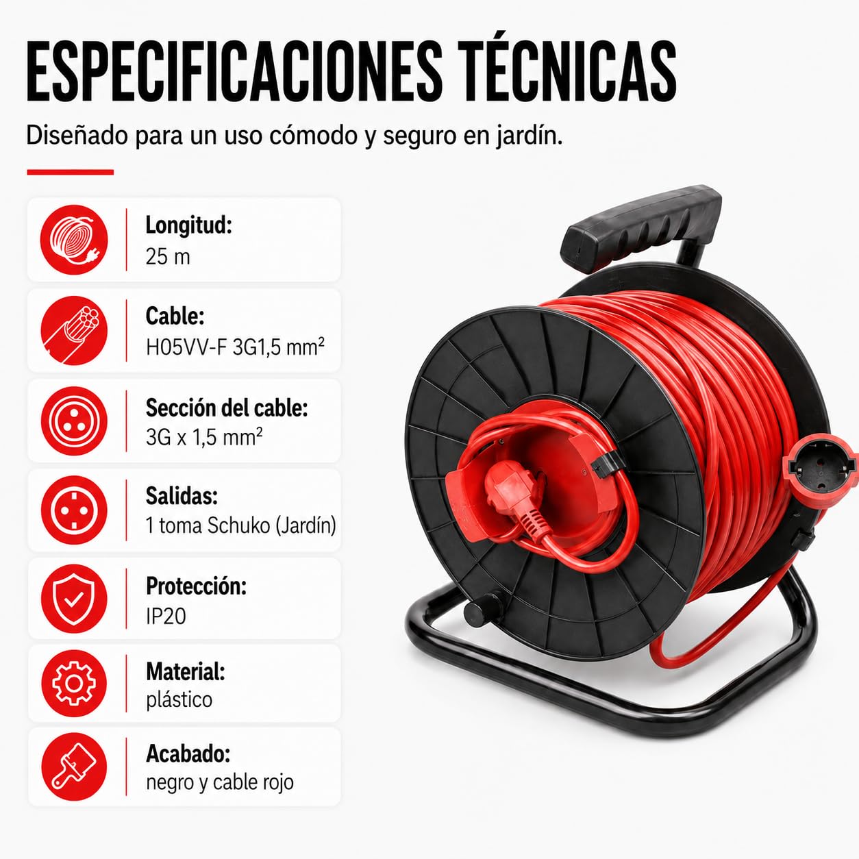 Avvolgicavo in plastica da giardino, IP20, 25 m, 3 x 1,5 mm, nero-rosso - Silver Electronics