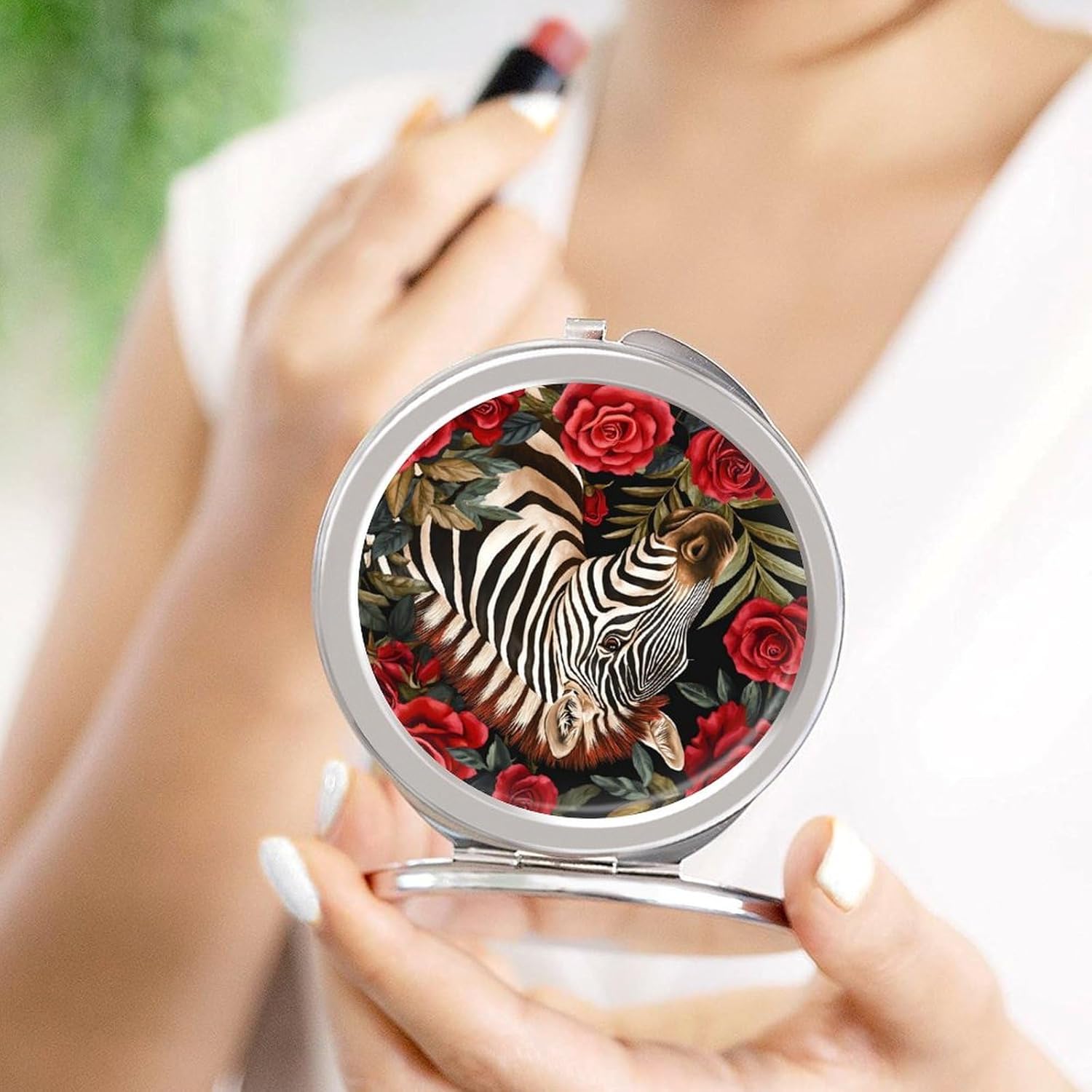 Floral Zebra Compact Makeup Mirror Mini Foldable Cosmetic Mirror Portable Travel Mirror for Purse Pocket