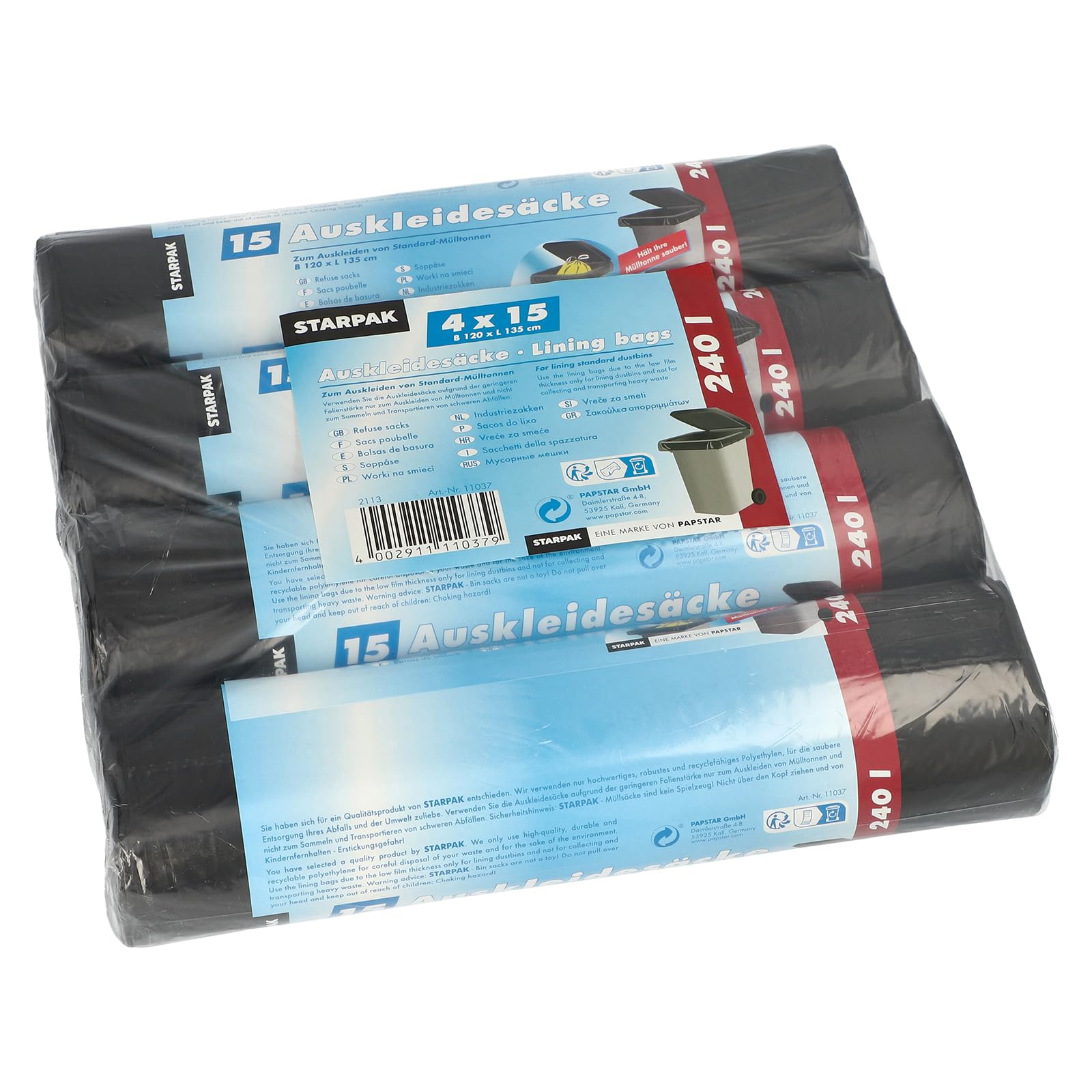 PAPSTAR 60 Sacchi per bidoni della spazzatura, 240 l, 135 cm x 120 cm, nero, riceverete 60 pezzi
