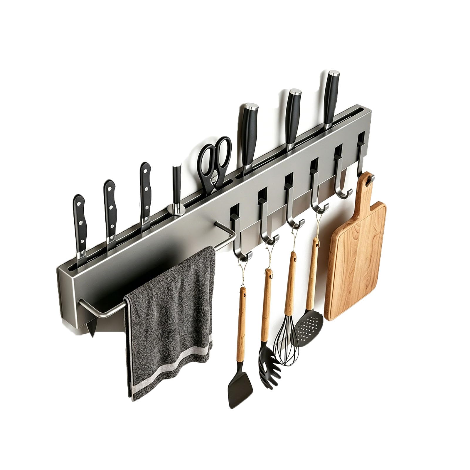 TBATM Kitchen Wall Organizer Rack with Knife Storage, Utensil Hanging Hooks, Cutlery Slot, Multifunctional Wall Mounted Holder for Kitchen Knives, Cooking Tools, Spoons and Forks,40cm