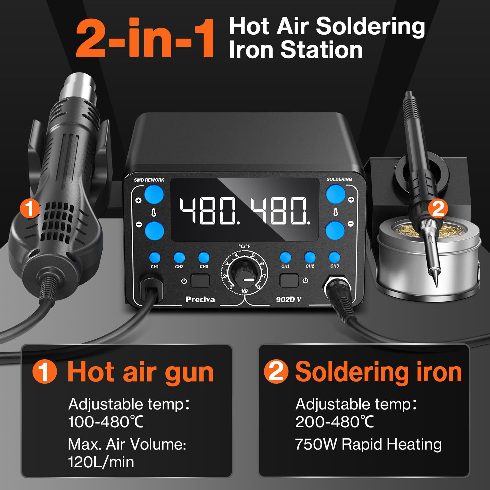 Preciva Stazione Saldante ad Aria Calda 2 in 1 750W Display Digitale Stazione di Saldatura Rework SMD Saldatore Stagno Professionale 100-480°C Temperatura Regolabile con Kit di Saldatura