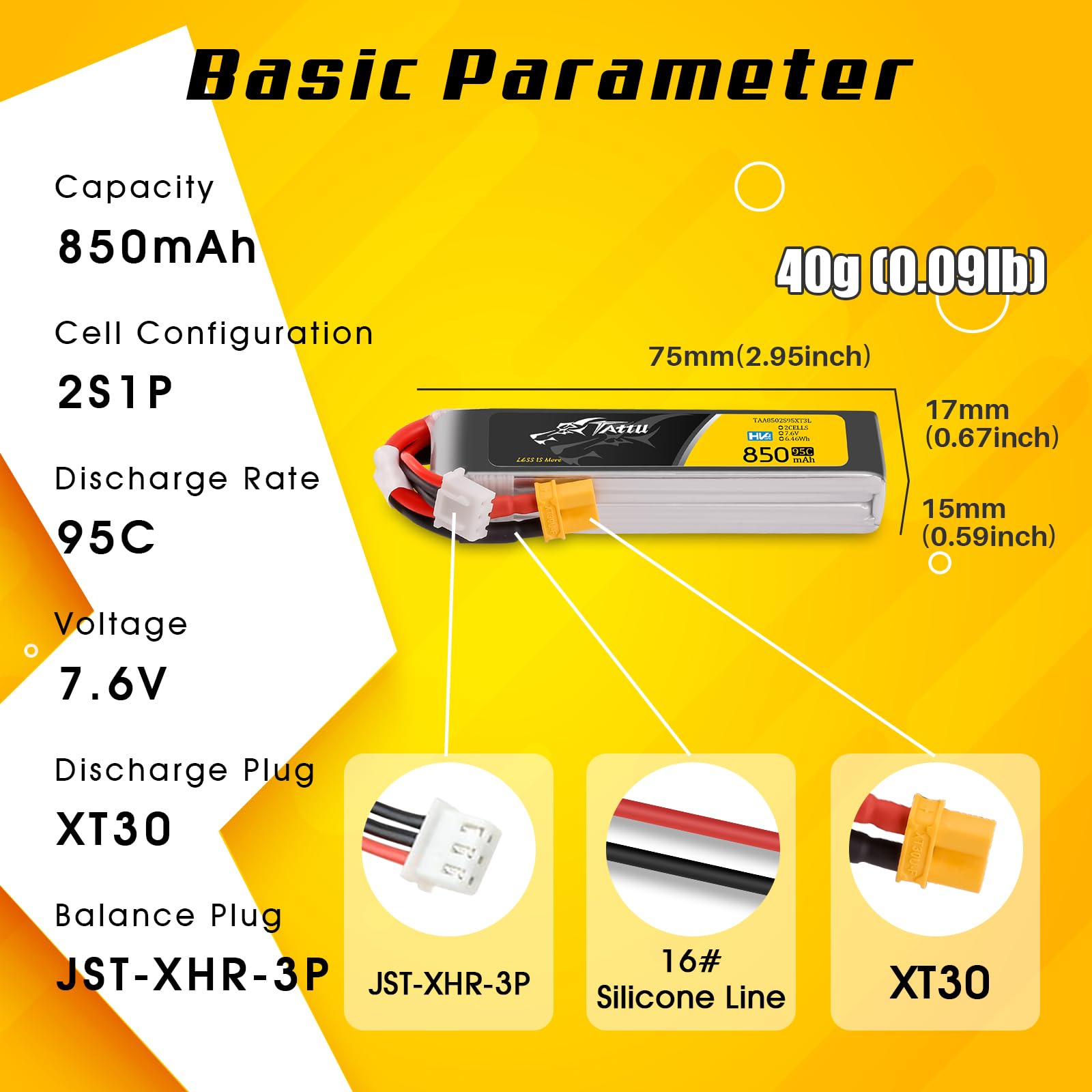 TATTU 2s Lipo akumulator 850mAh 95C 7.6 V HV LiPo Długa kumulator z wtyczką XT30 do samochodu Quadrocopter wyścigowy FPV H z ramą UAV