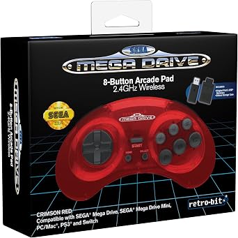 Retro-Bit Sega Mega Drive 2.4 جيجا هرتز وحدة تحكم لاسلكية 8 أزرار لوحة Arcade لـ Sega Genesis Original / Mini، Switch، PC، Mac - تتضمن 2 جهاز استقبال وحقيبة تخزين ( Crimson Red ) ( Nintendo Switch )