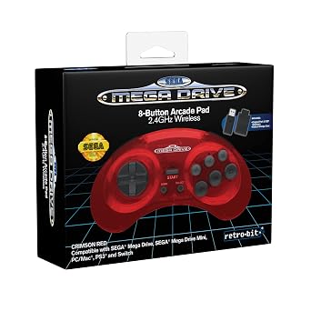 Retro-Bit Sega Mega Drive 2.4 GHz Wireless Controller 8-Button Arcade Pad for Sega Genesis Original/Mini Switch PC Mac - Includes 2 Receivers & Storage Case (Crimson Red) (Nintendo Switch)