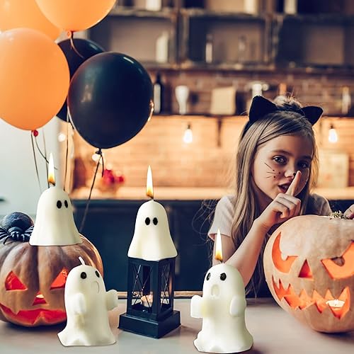 Miniatura 6 de Minatee 4 velas grandes de fantasma de Halloween, decoración de otoño, velas de cera perfumadas blancas ardientes, regalos para rellenos de cestas