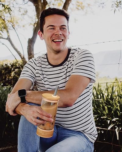 Miniatura 7 de Sivaphe Vasos de vidrio con tapas y pajitas, 16 onzas líquidas, taza para beber helado, vaso de café de vidrio con tapa de bambú, color blanco