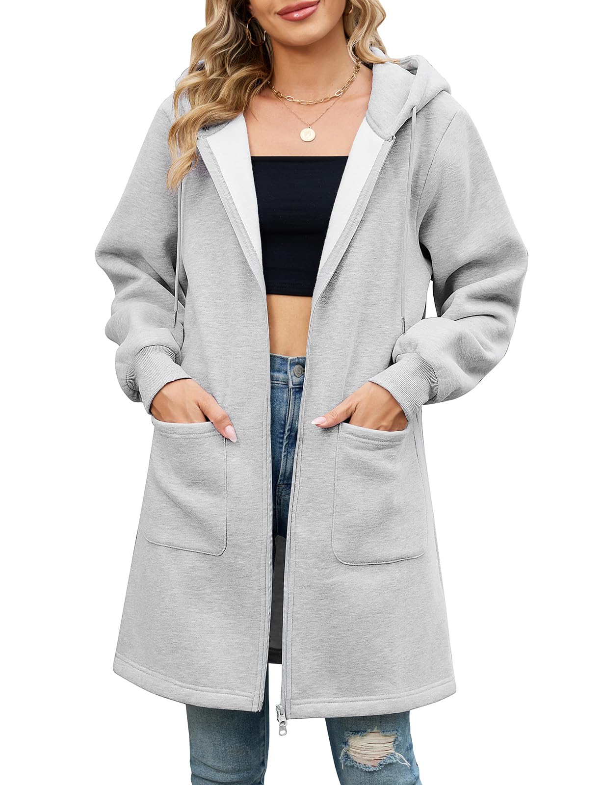 Vancavoo Fleecejacke Damen Sweatjacke mit Kapuze Lange Kapuzenpullover Reißverschluss Hoodie Jacke Frühling Herbst Lang Kapuzenjacke Elegant Übergangsjacke mit Taschen