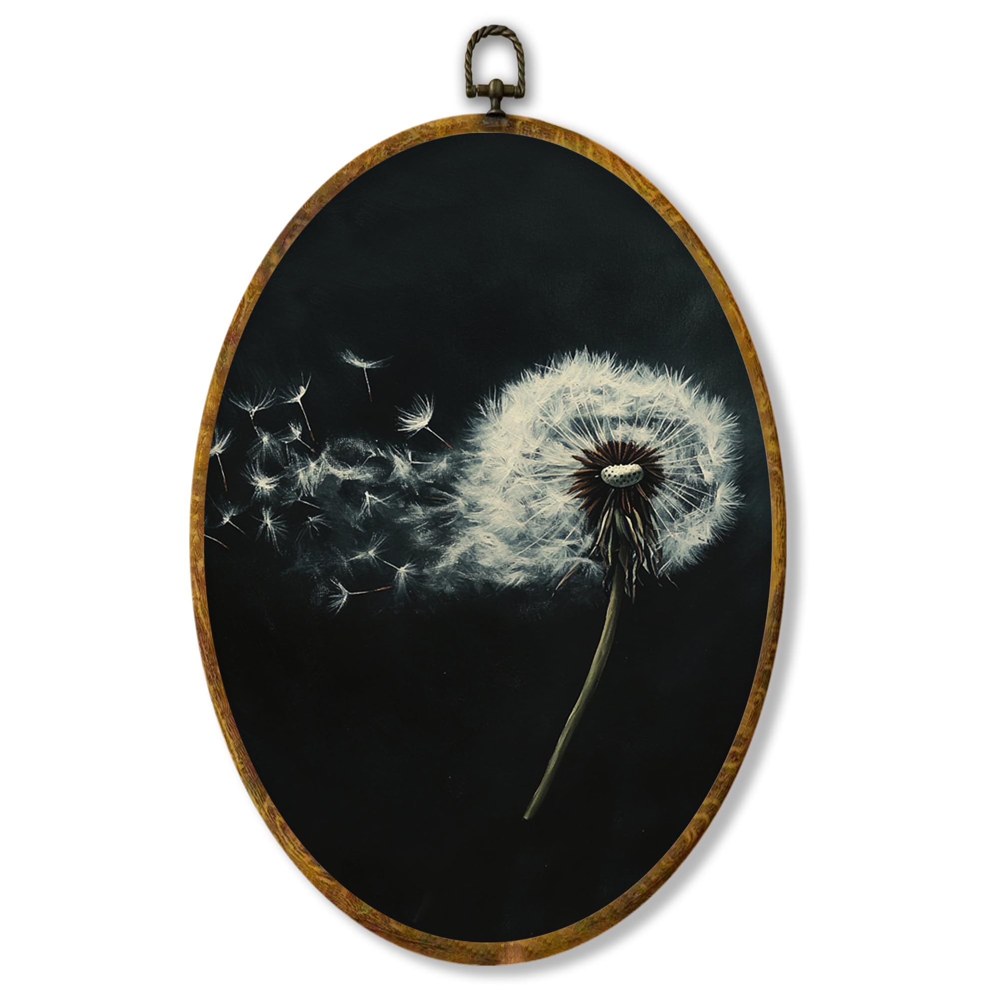 Hiuwevt Dandelion Oval Wall Art Decor, White Flower Modern Rustic Framed Canvas Prints, Dandelion Farmhouse Wildflower Oval Wall Hanging Decor for Bedroom Home Decorations, 8.6x11.4 Inches