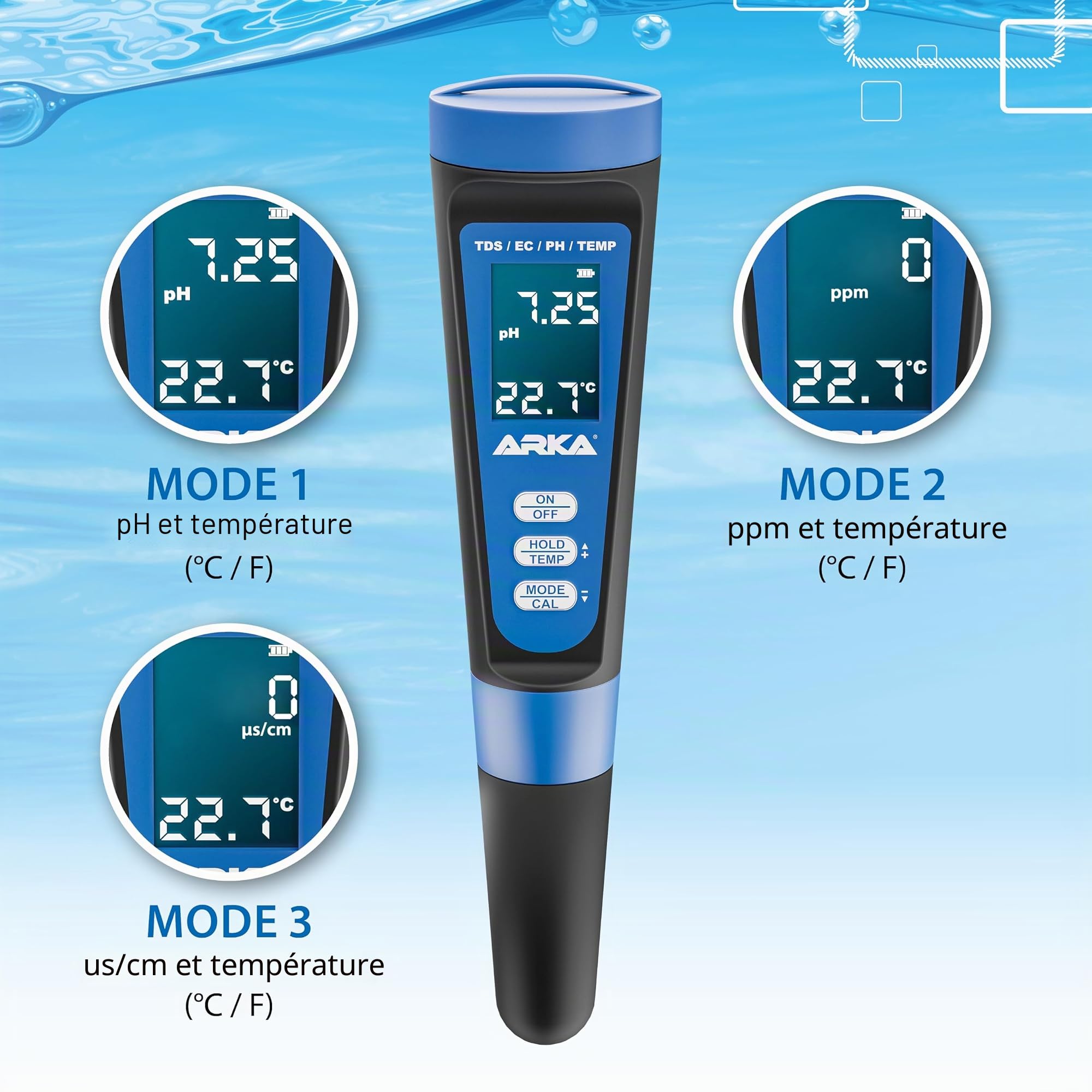 ARKA myAQUA pH/TDS/EC Meter - Testeur de qualité de l'eau pour pH, TDS, EC & température, Solution de calibrage Incluse, idéal pour Les Aquariums, Les piscines, Les bassins & l'eau Potable