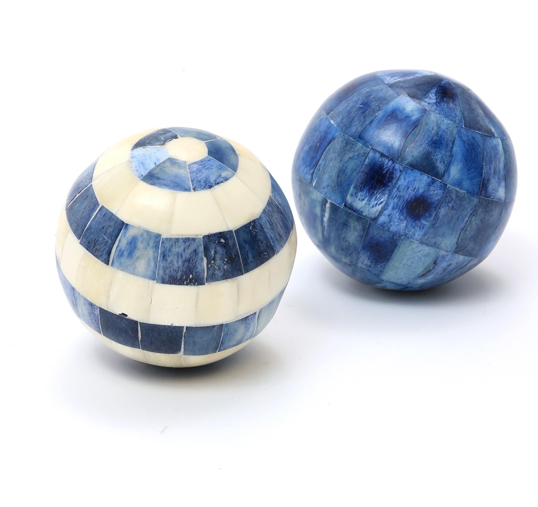 4 Inches Sphere Flower Orbs Decoration Balls for Living Room and Home Decor Made of Mango Wood Carved by Artisan in Natural & White Finish | Pack of 2 (Striprd Inlayed)-image-39