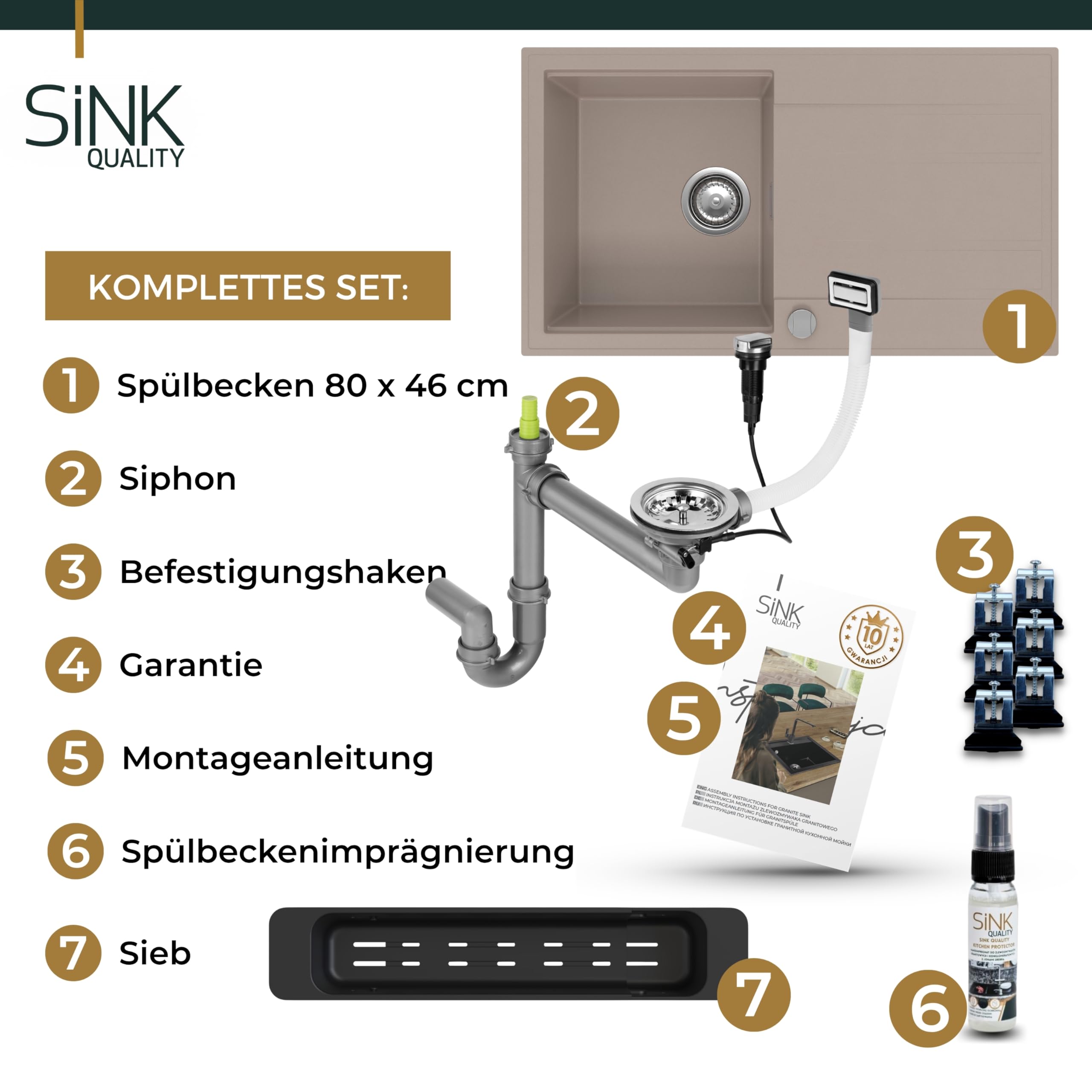 SINK Quality zlewozmywak kuchenny z ociekaczem – zlewozmywak beżowy 80 x 46 cm – w zestawie syfon i środki impregnujące – zlewozmywak do zabudowy do szafki pod umywalkę 55 – zlewozmywak granitowy