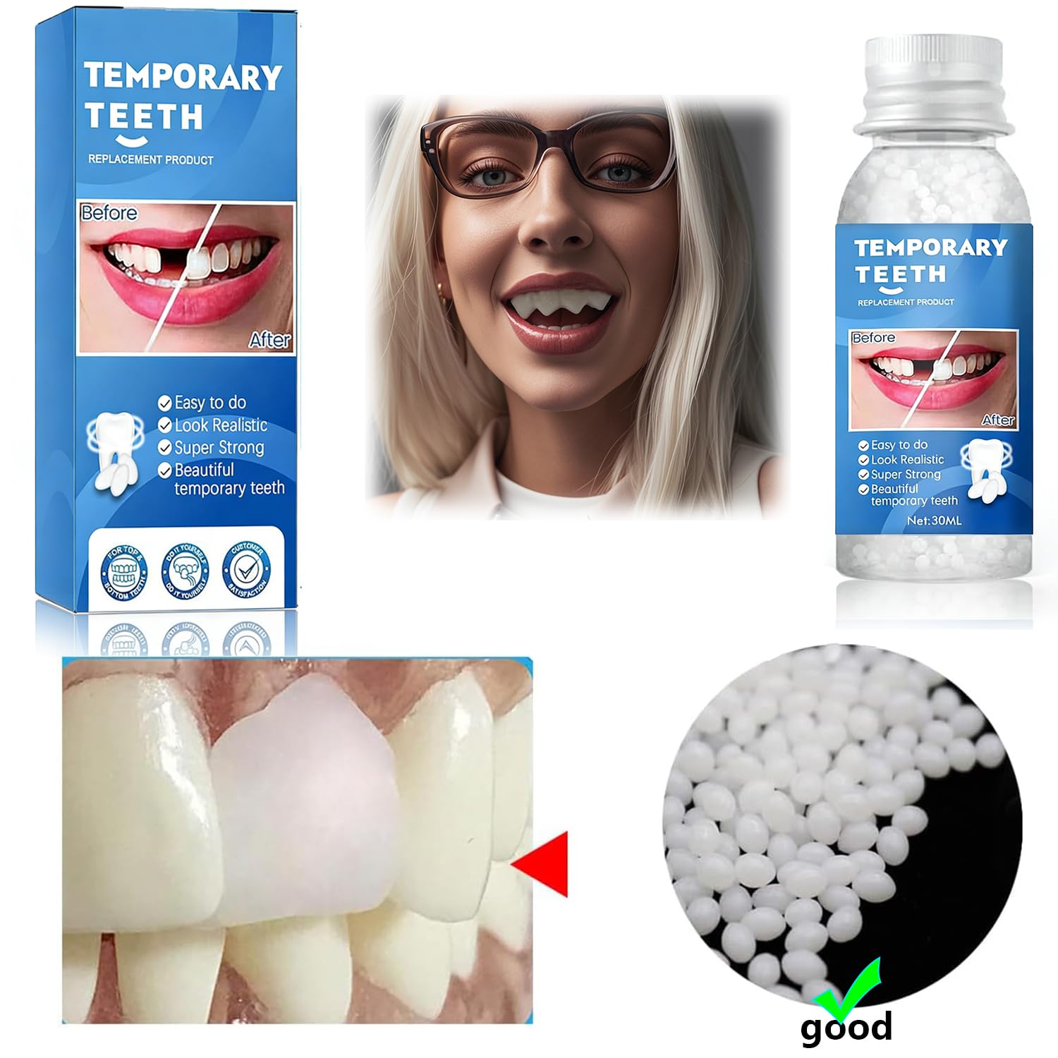 Provisional teeth decoration Tooth Tamporary Repair Tooth Kit Fake Tooth High hardness, durable, and reusable. Suitable for Missing, Cracked DIY Denture Kit. (White 1 Box)