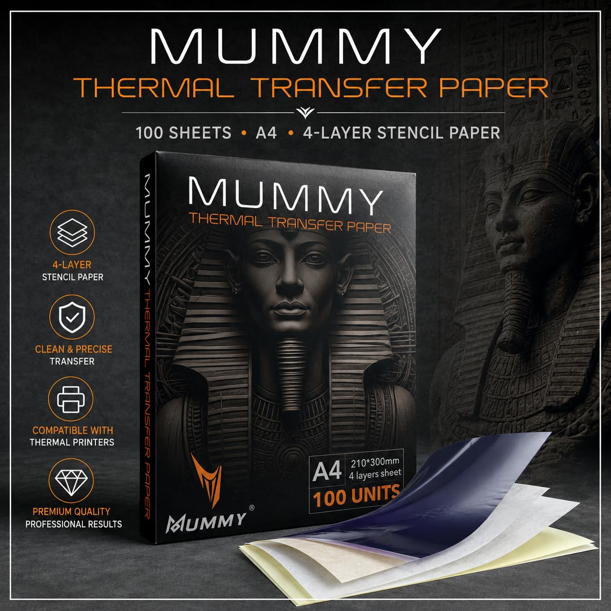 Mummy 100 hojas de papel de transferencia de tatuajes, tamaño A4, papel de plantilla de copiadora térmica de alta calidad, 4 capas para principiantes y artistas, suministros de tatuaje