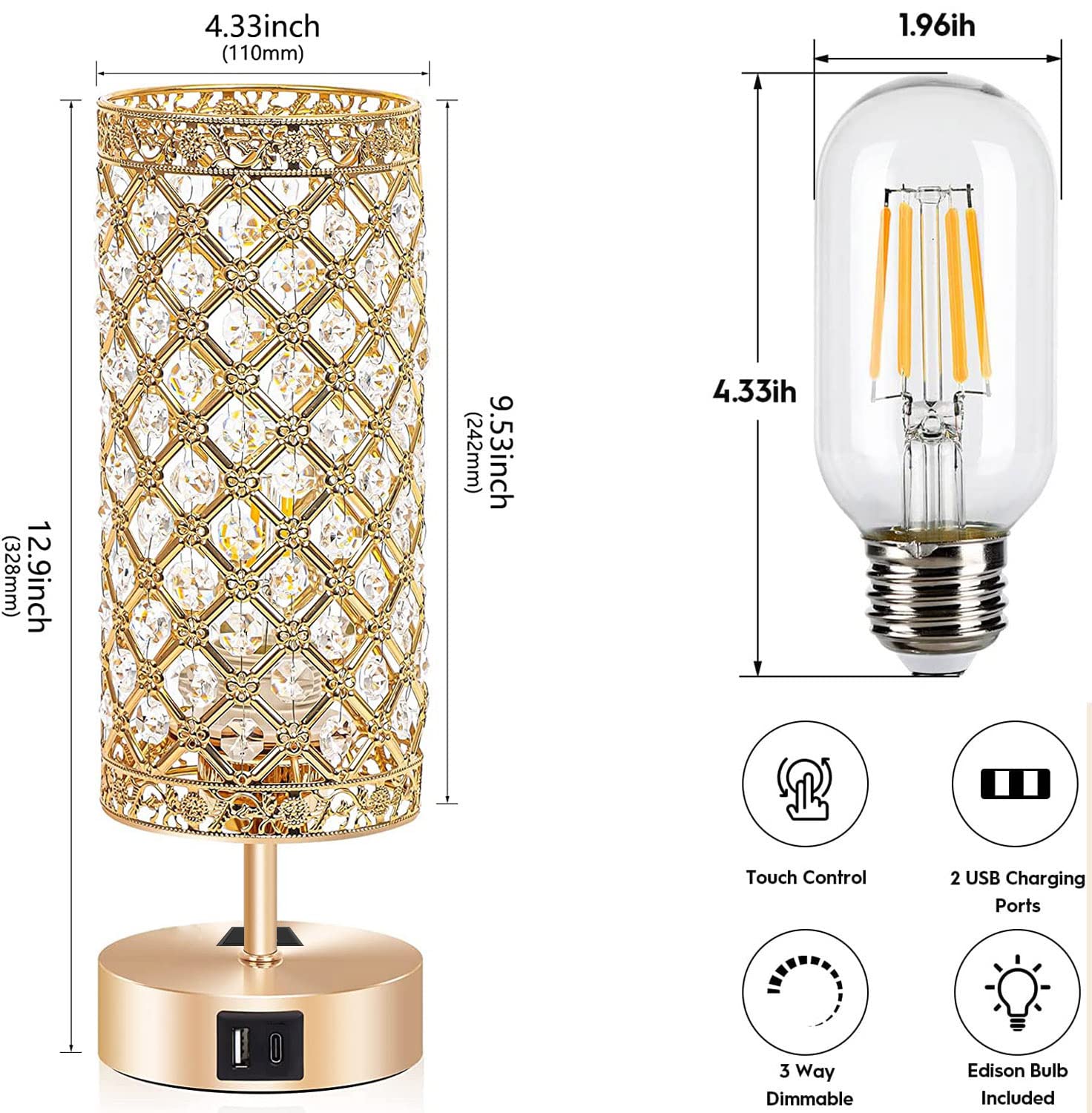 Złota kryształowa lampa stołowa, lampka nocna na biurko sterowanie dotykowe lampka nocna kobiety sypialnia dekoracja błyskotki lampy z 4 portami USB i żarówką w zestawie do domu, biura, salonu