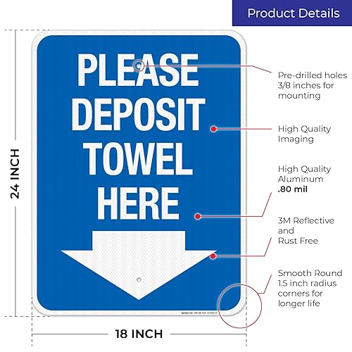 Miniatura 8 de Please Deposit Towel Here With Downward Arrow Sign, 12x18 Inches, 55 mil thick HDPE (high density polyethylene), Fade Resistant, Made in USA by Sigo